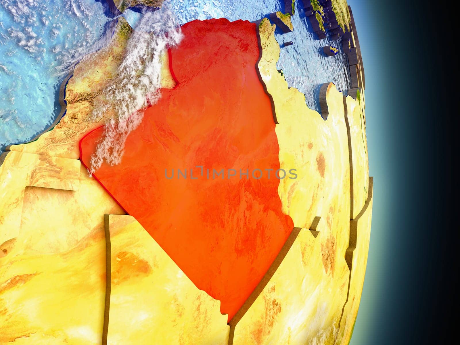 Model of Algeria from Earth's orbit in space. 3D illustration with highly detailed realistic planet surface and clouds in the atmosphere. Elements of this image furnished by NASA.