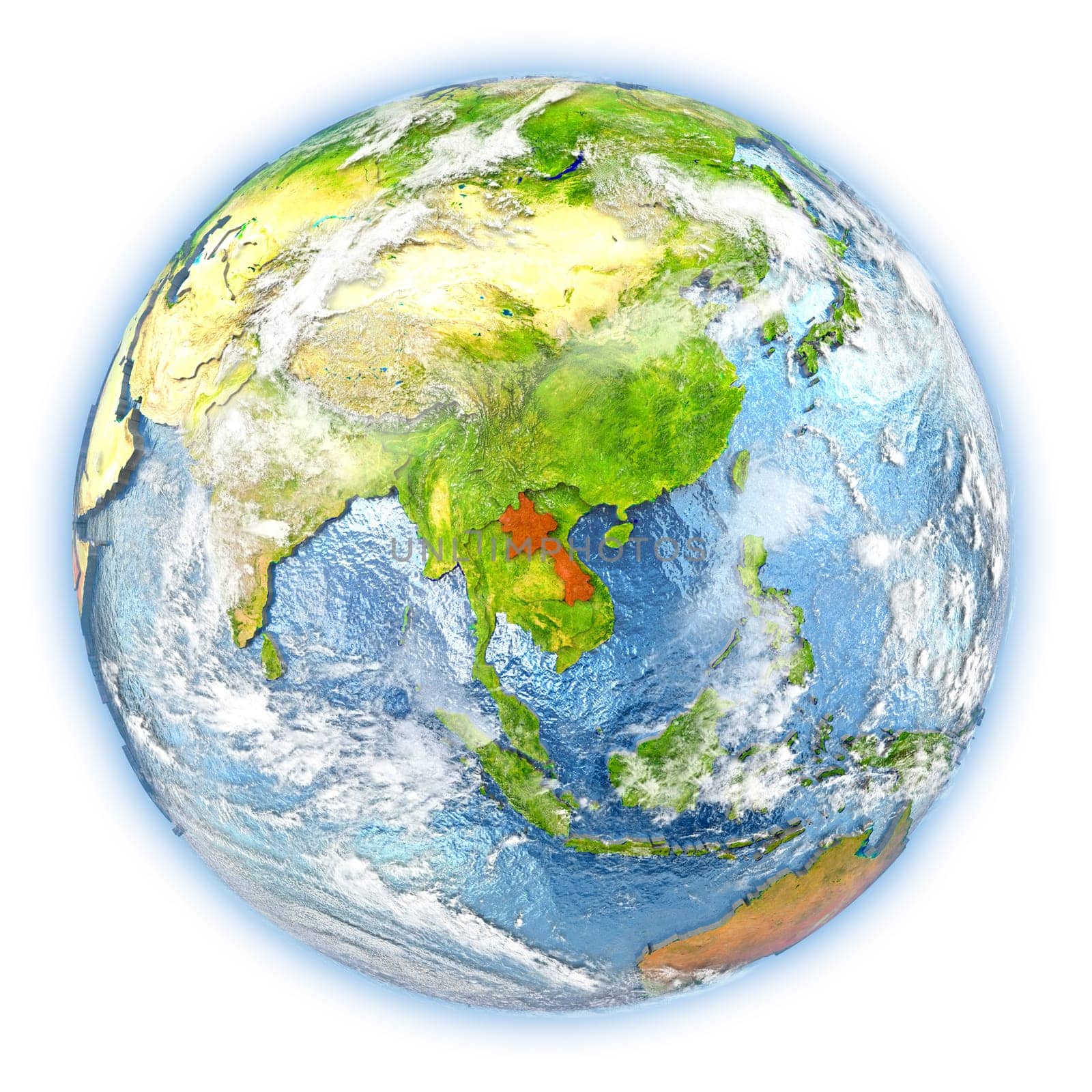 Laos highlighted in red on planet Earth. 3D illustration isolated on white background. Elements of this image furnished by NASA.