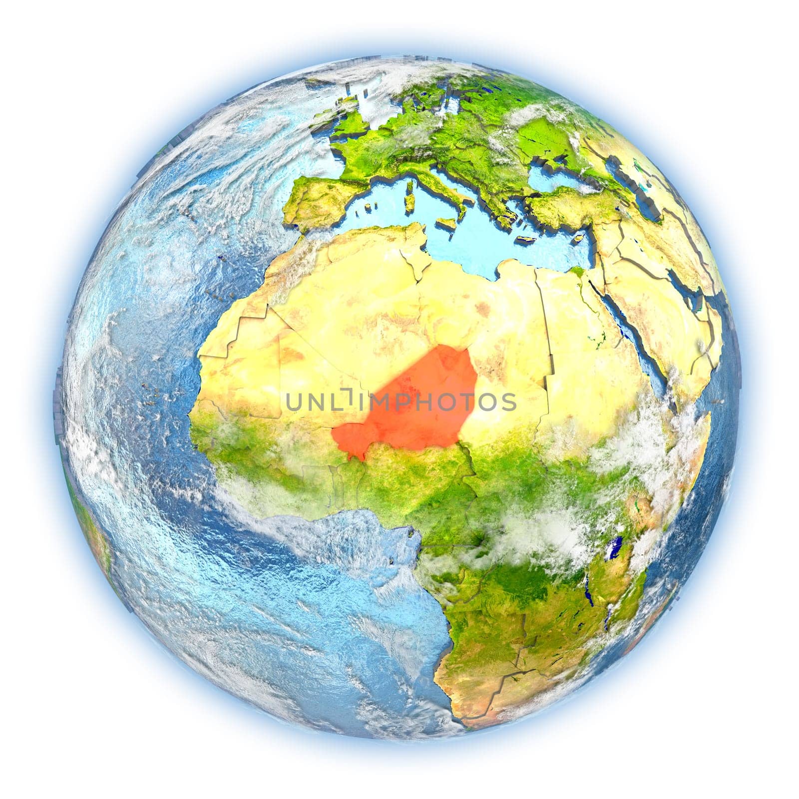 Niger highlighted in red on planet Earth. 3D illustration isolated on white background. Elements of this image furnished by NASA.