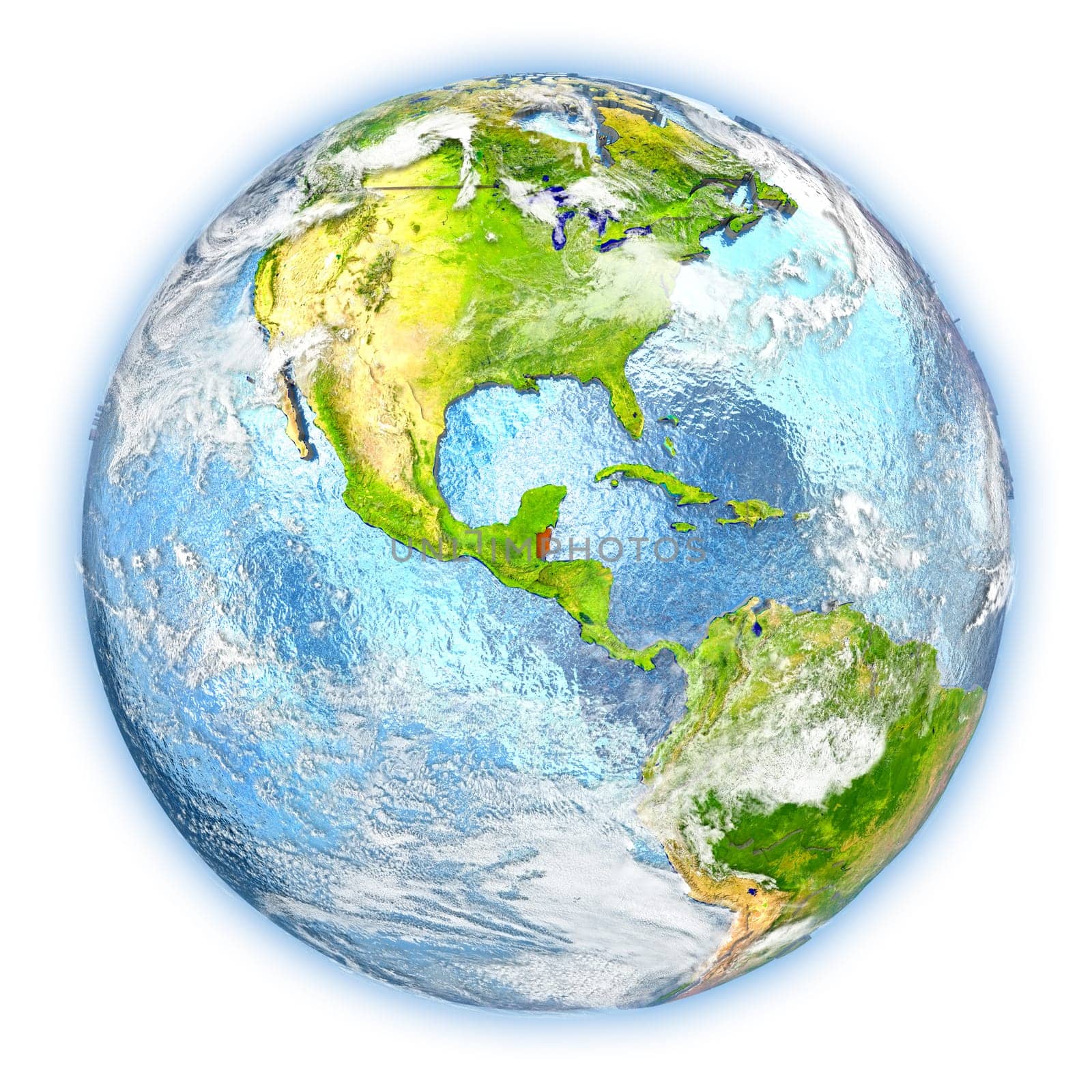 Belize highlighted in red on planet Earth. 3D illustration isolated on white background. Elements of this image furnished by NASA.