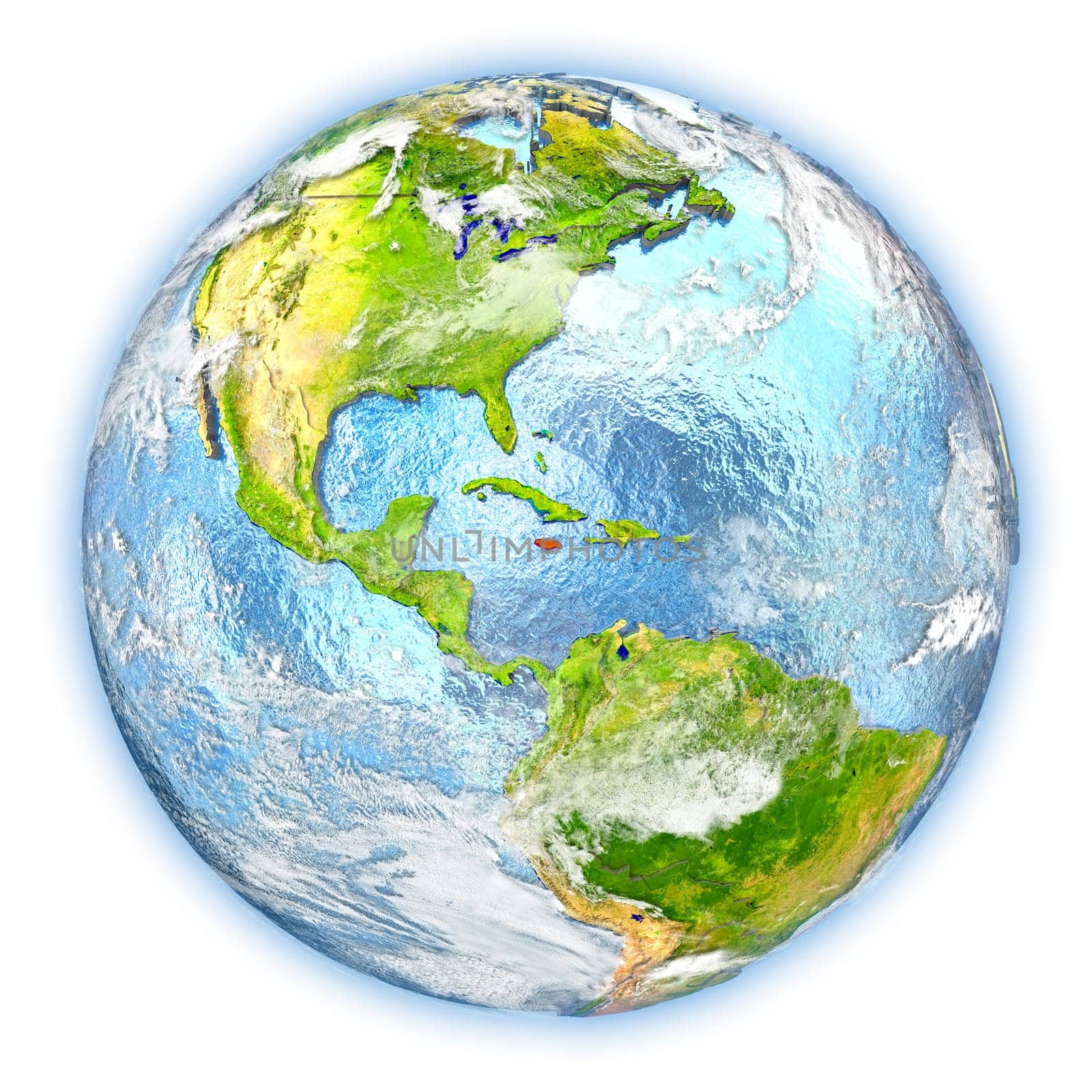 Jamaica highlighted in red on planet Earth. 3D illustration isolated on white background. Elements of this image furnished by NASA.