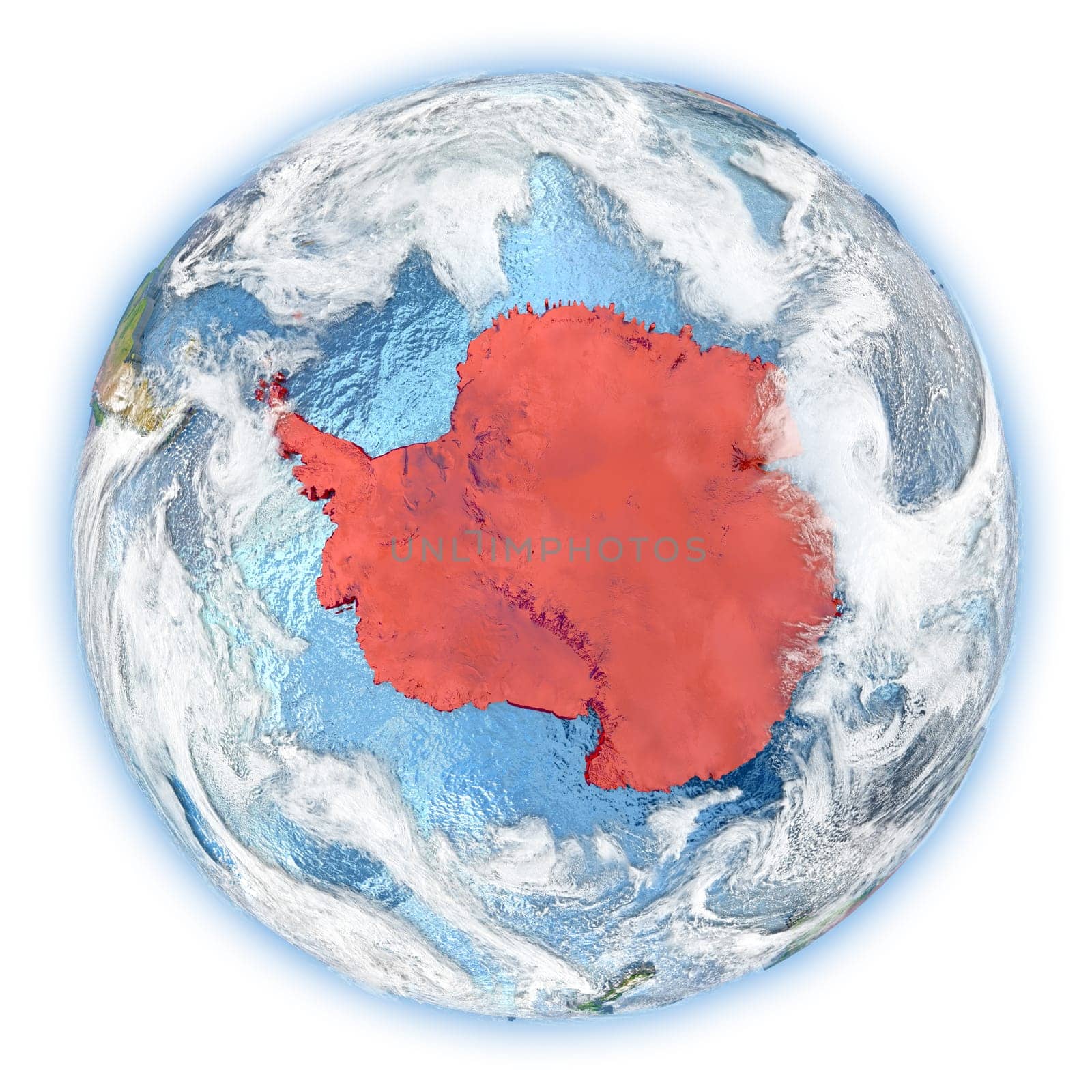 Antarctica highlighted in red on planet Earth. 3D illustration isolated on white background. Elements of this image furnished by NASA.