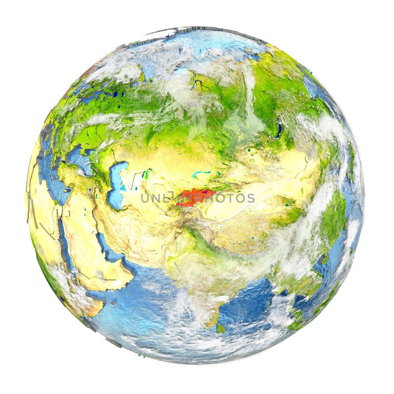 Kyrgyzstan highlighted in red on planet Earth. 3D illustration isolated on white background. Elements of this image furnished by NASA.