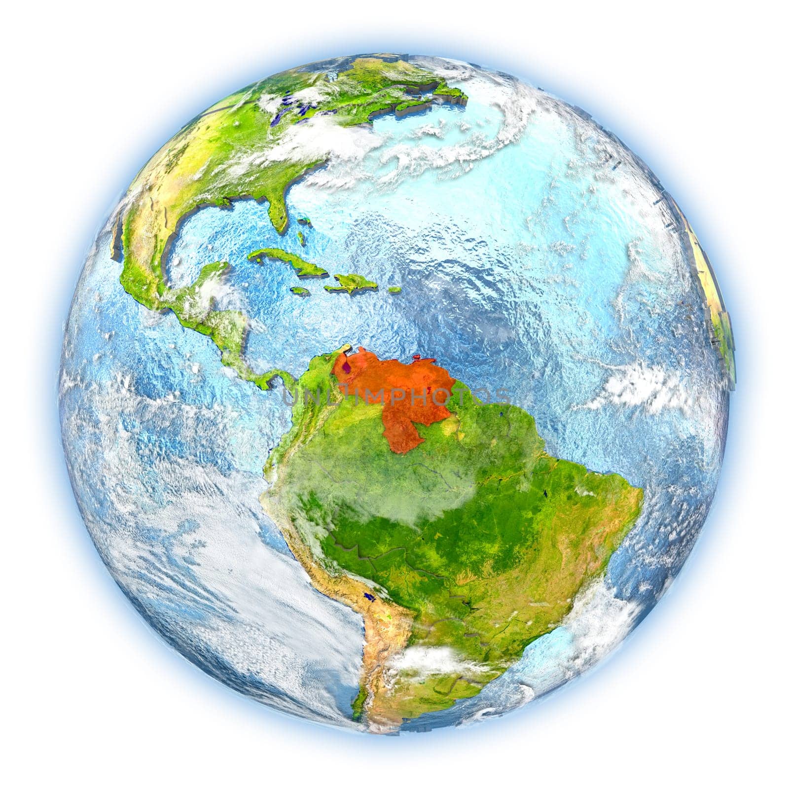 Venezuela highlighted in red on planet Earth. 3D illustration isolated on white background. Elements of this image furnished by NASA.