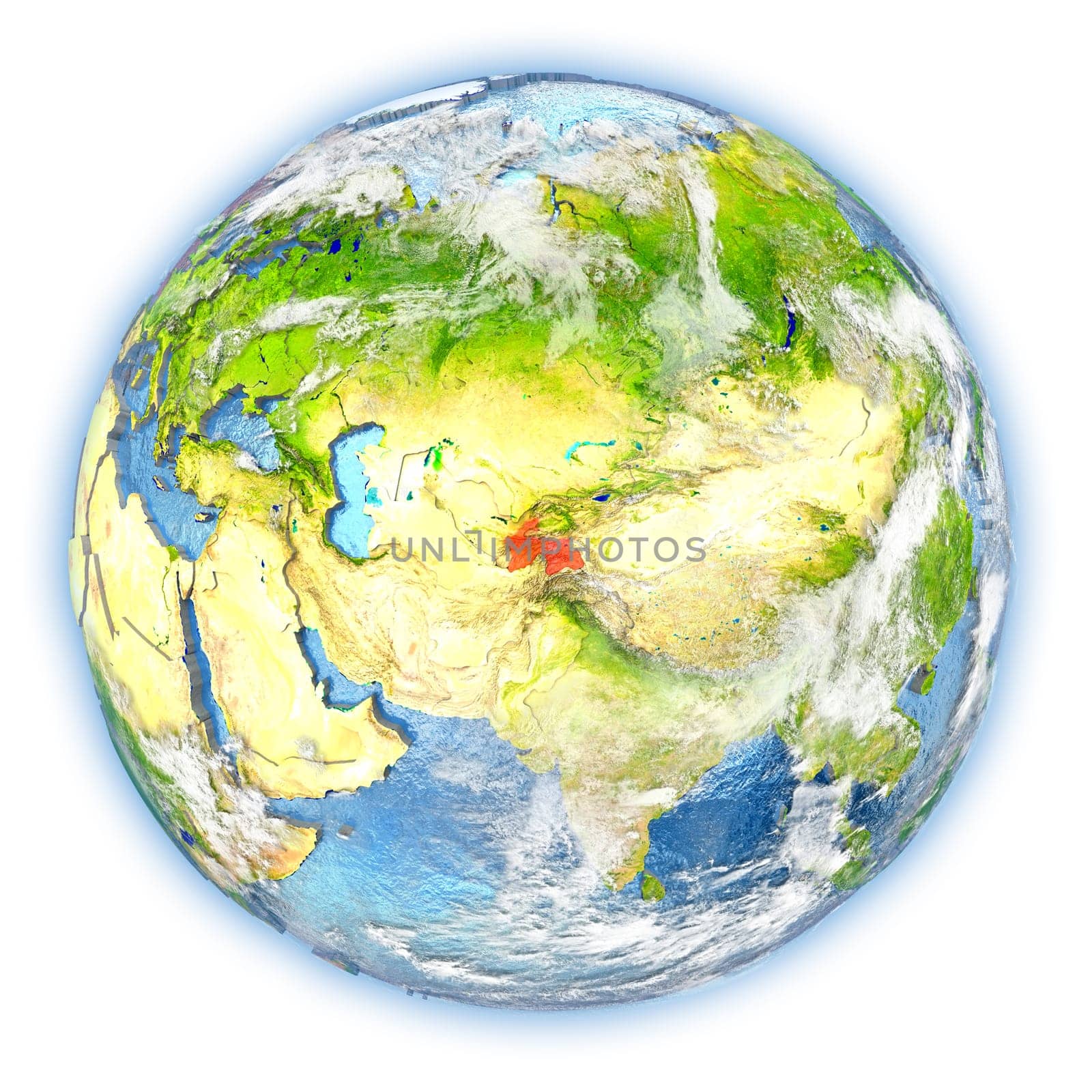Tajikistan highlighted in red on planet Earth. 3D illustration isolated on white background. Elements of this image furnished by NASA.