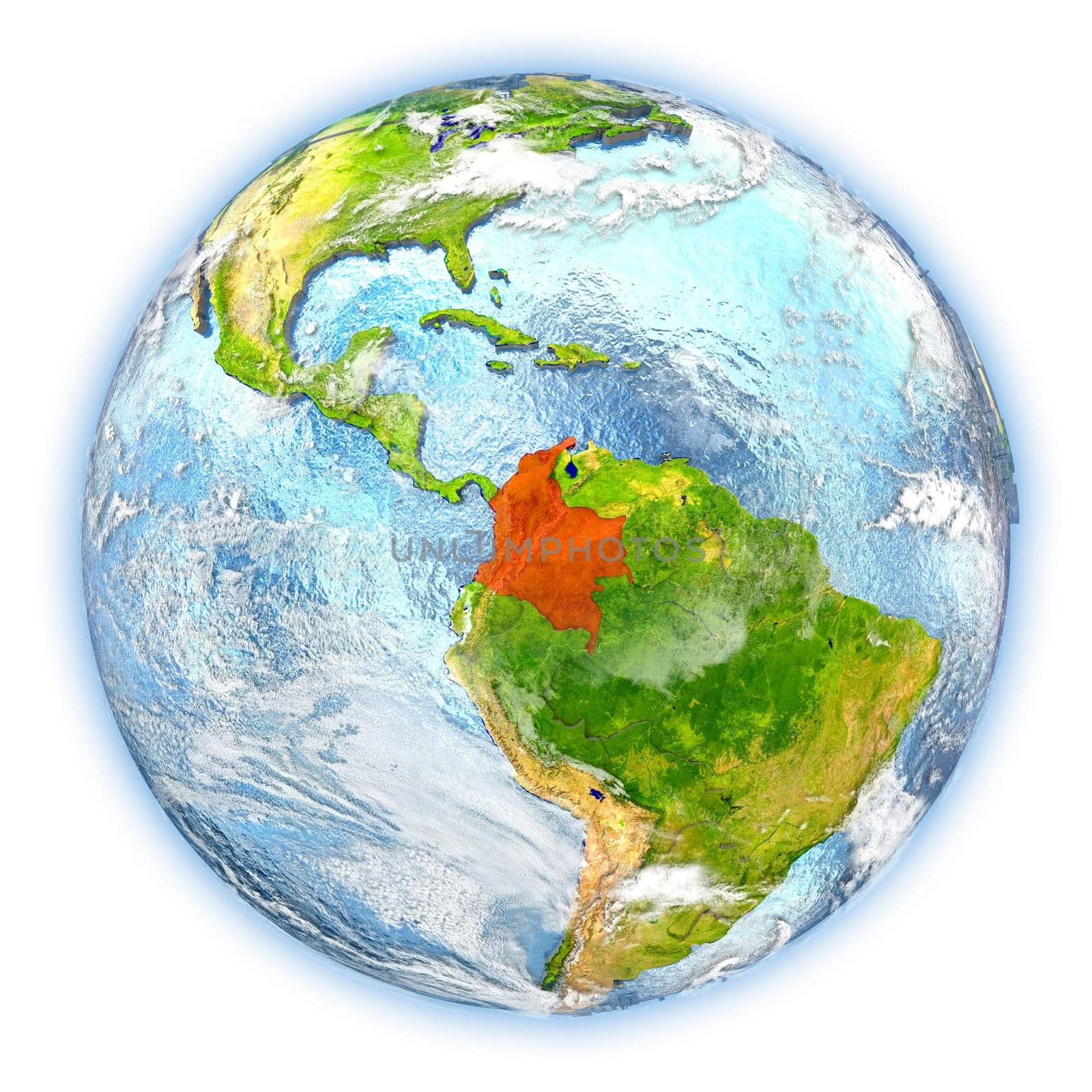 Colombia highlighted in red on planet Earth. 3D illustration isolated on white background. Elements of this image furnished by NASA.