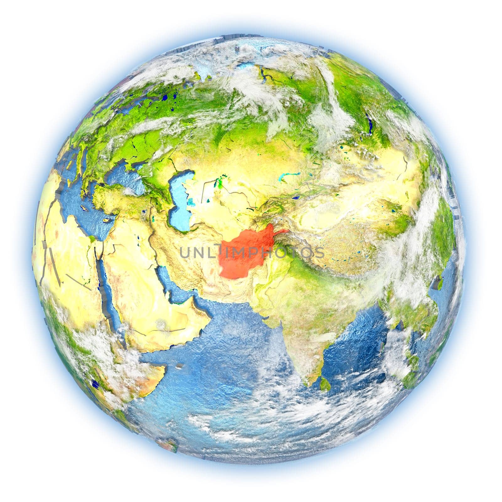 Afghanistan highlighted in red on planet Earth. 3D illustration isolated on white background. Elements of this image furnished by NASA.
