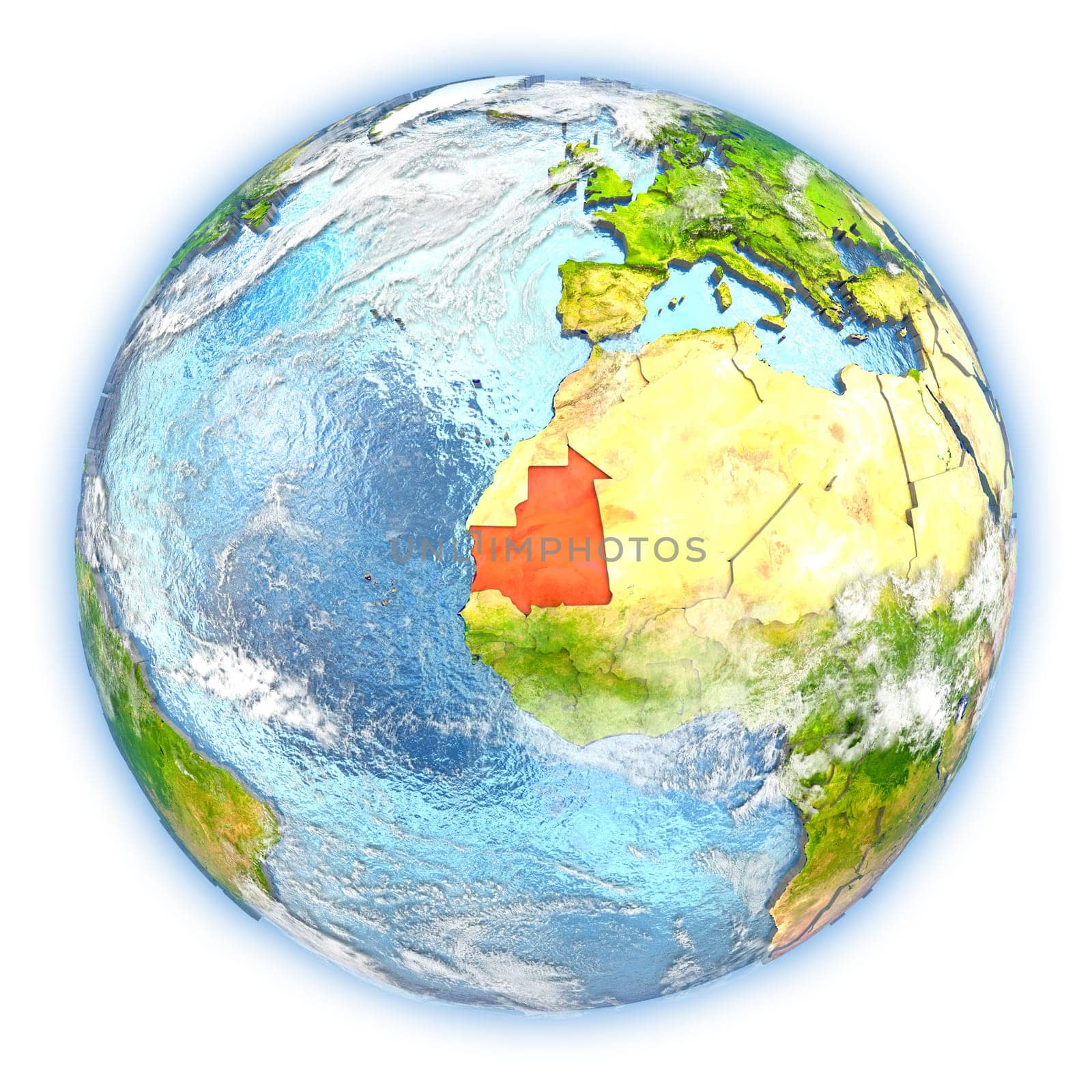 Mauritania highlighted in red on planet Earth. 3D illustration isolated on white background. Elements of this image furnished by NASA.