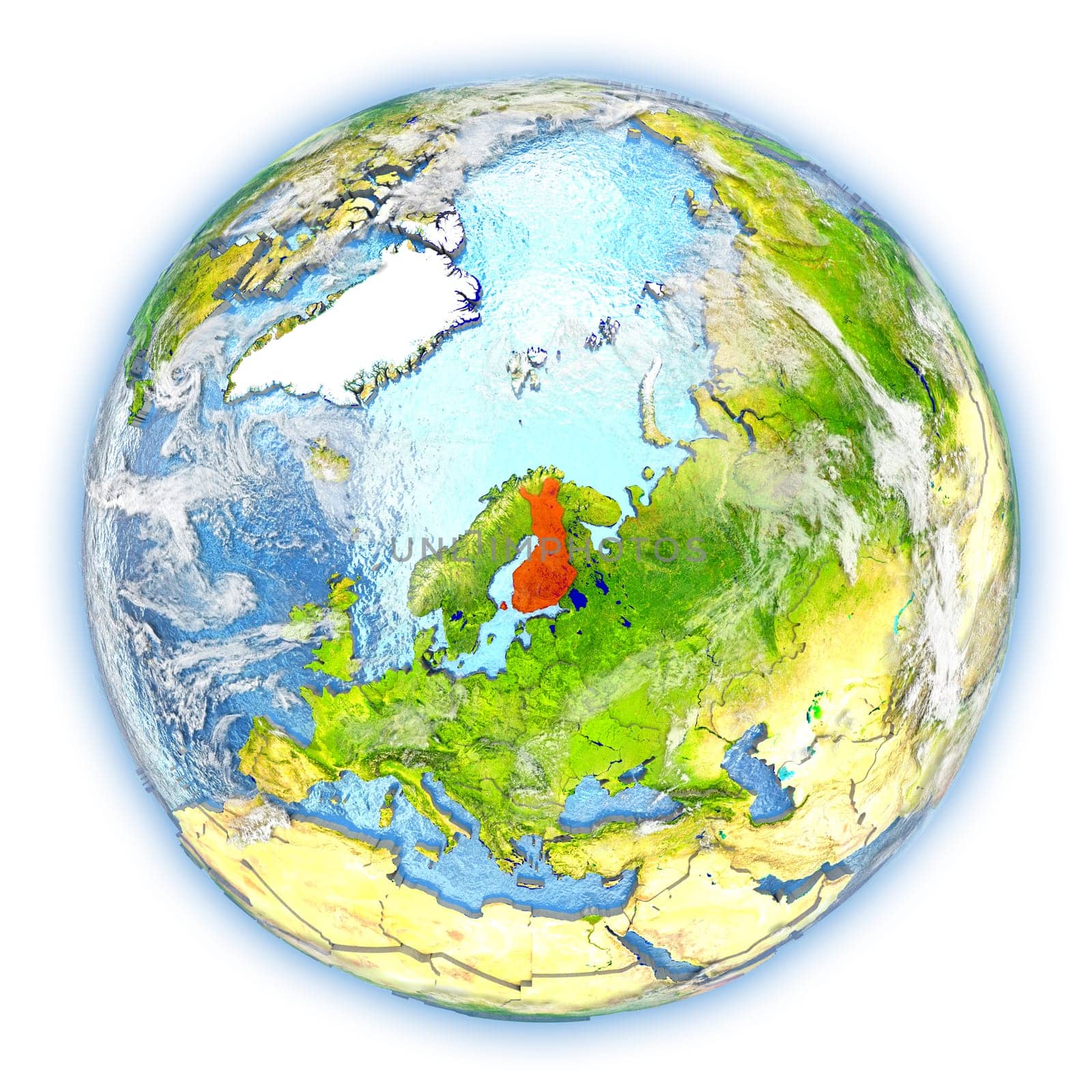 Finland highlighted in red on planet Earth. 3D illustration isolated on white background. Elements of this image furnished by NASA.