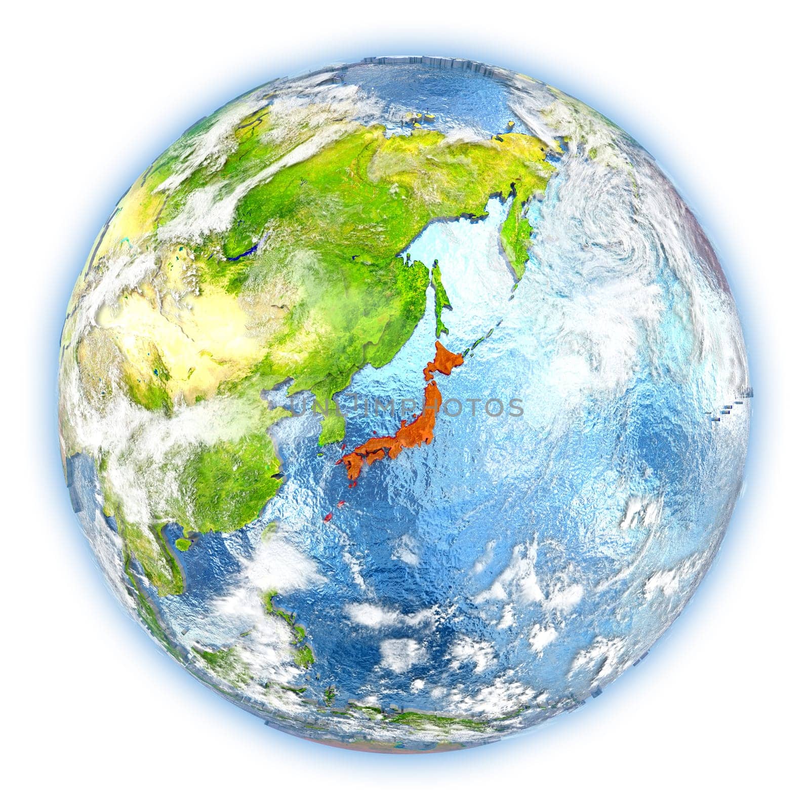 Japan highlighted in red on planet Earth. 3D illustration isolated on white background. Elements of this image furnished by NASA.