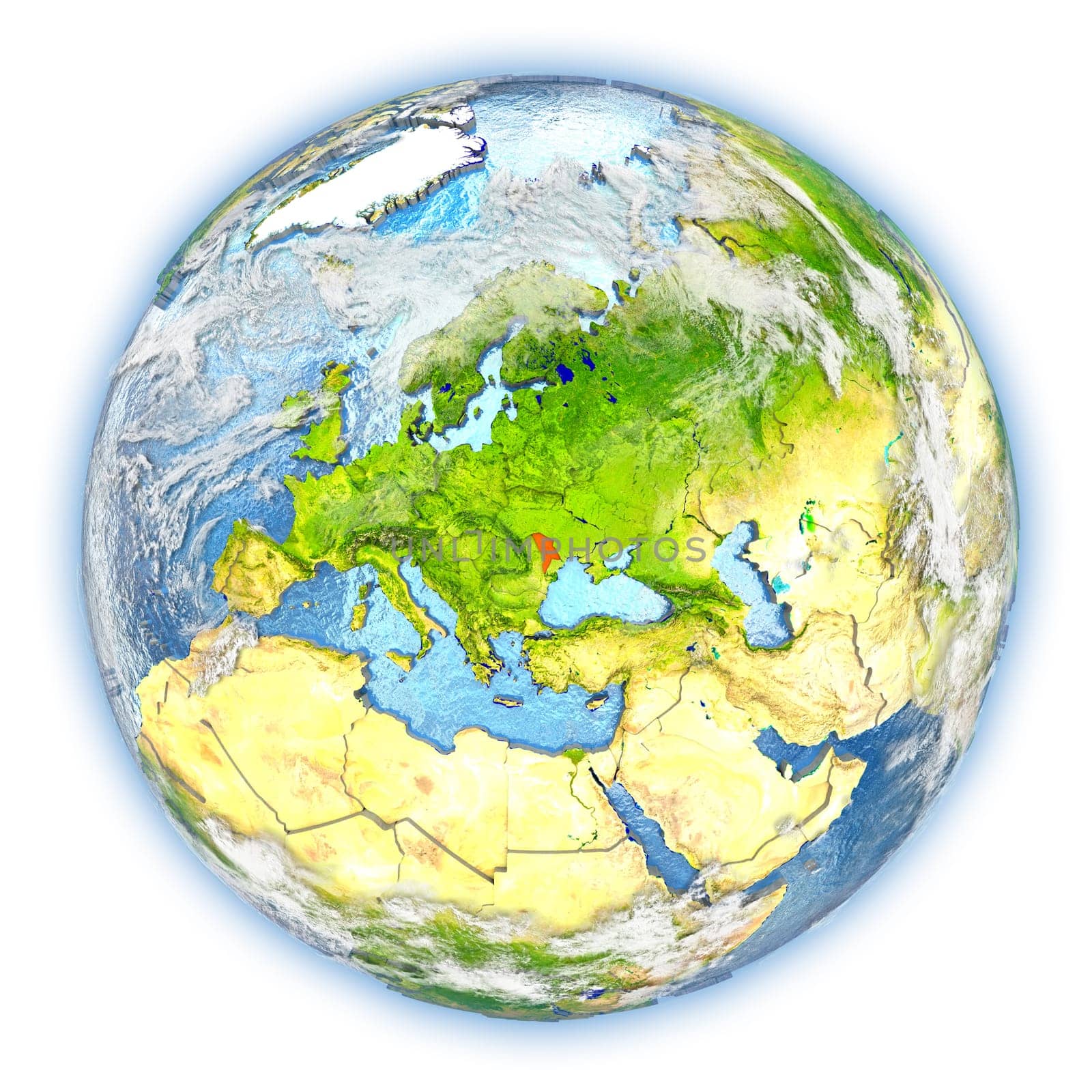 Moldova highlighted in red on planet Earth. 3D illustration isolated on white background. Elements of this image furnished by NASA.
