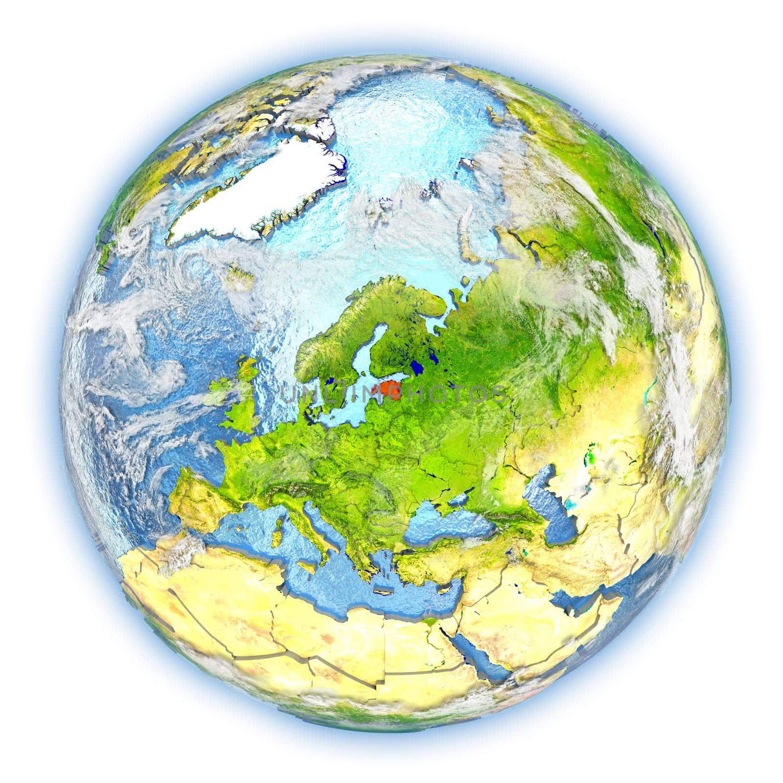 Estonia highlighted in red on planet Earth. 3D illustration isolated on white background. Elements of this image furnished by NASA.