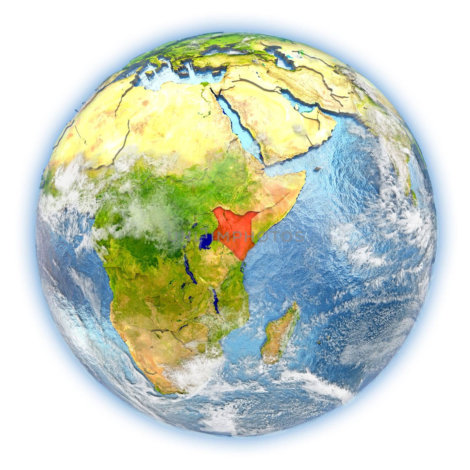 Kenya highlighted in red on planet Earth. 3D illustration isolated on white background. Elements of this image furnished by NASA.