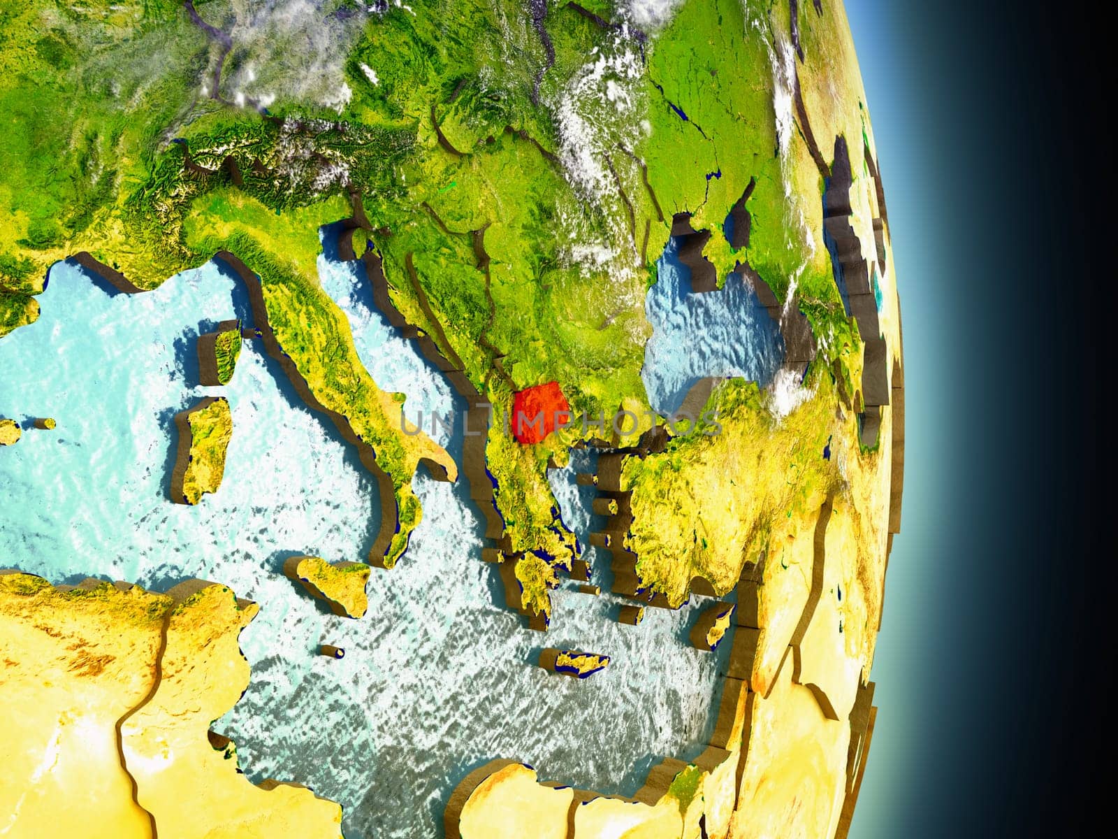 Model of Macedonia from Earth's orbit in space. 3D illustration with highly detailed realistic planet surface and clouds in the atmosphere. Elements of this image furnished by NASA.