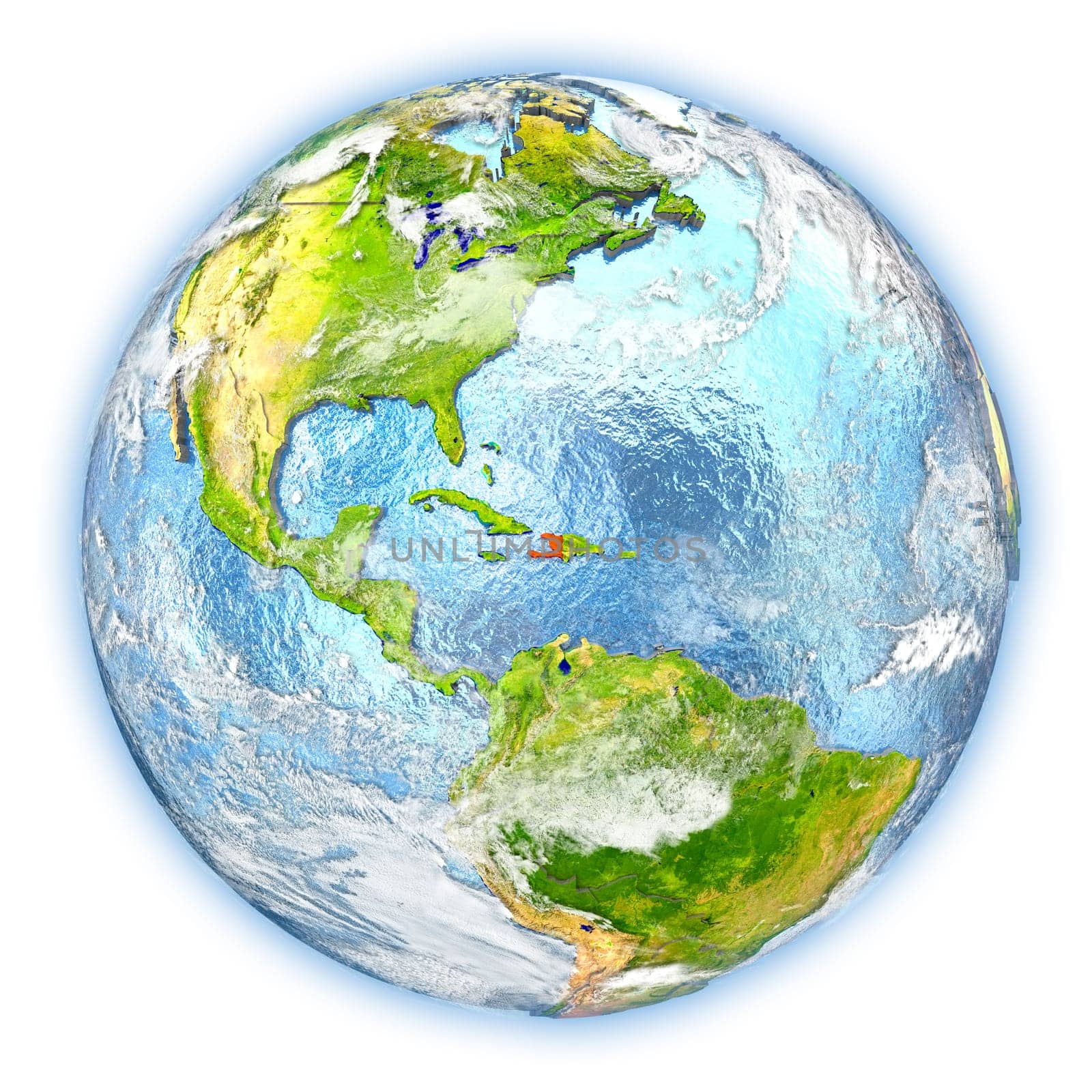 Haiti highlighted in red on planet Earth. 3D illustration isolated on white background. Elements of this image furnished by NASA.