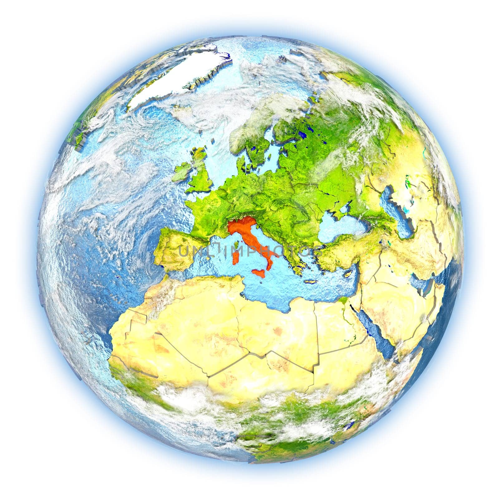 Italy highlighted in red on planet Earth. 3D illustration isolated on white background. Elements of this image furnished by NASA.