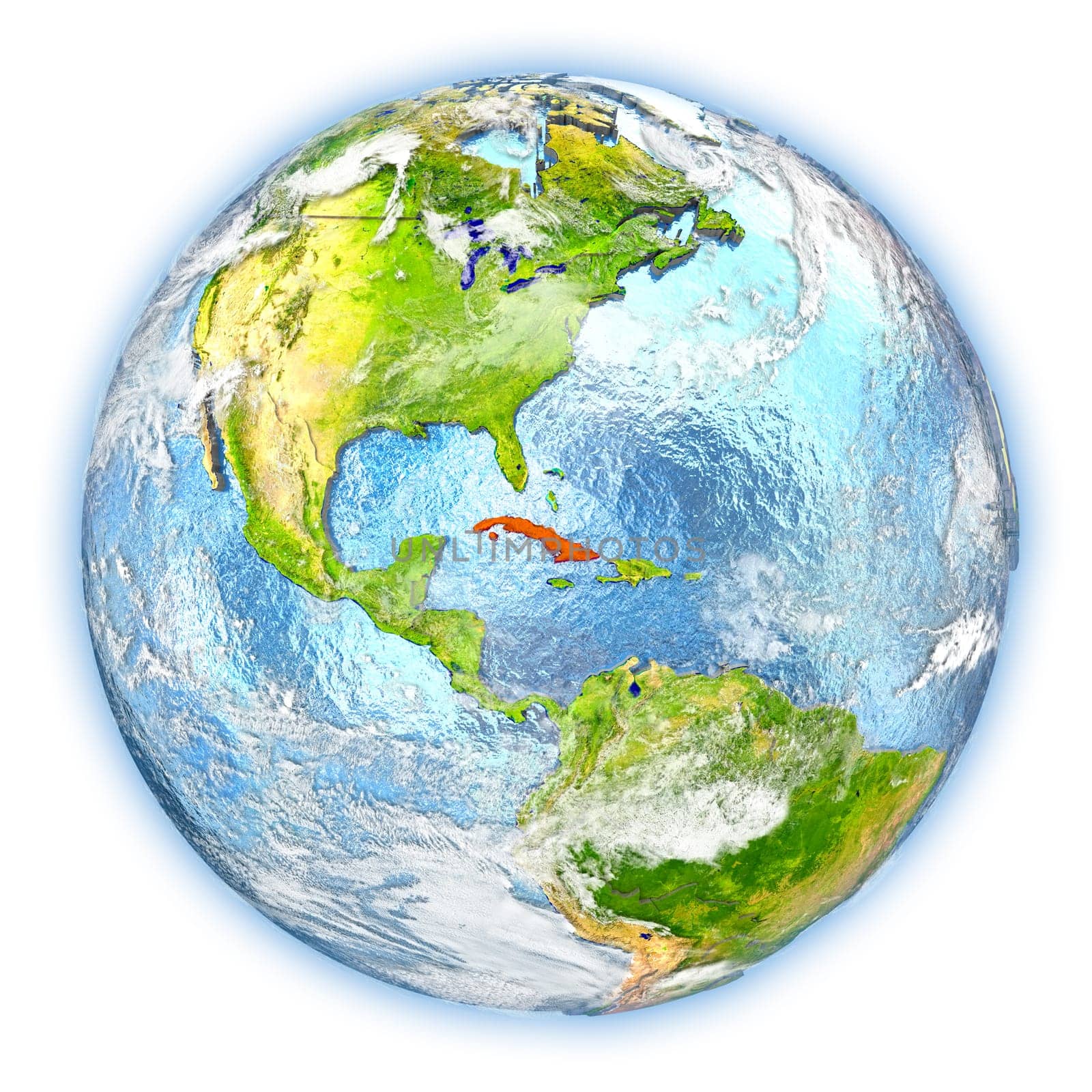 Cuba highlighted in red on planet Earth. 3D illustration isolated on white background. Elements of this image furnished by NASA.