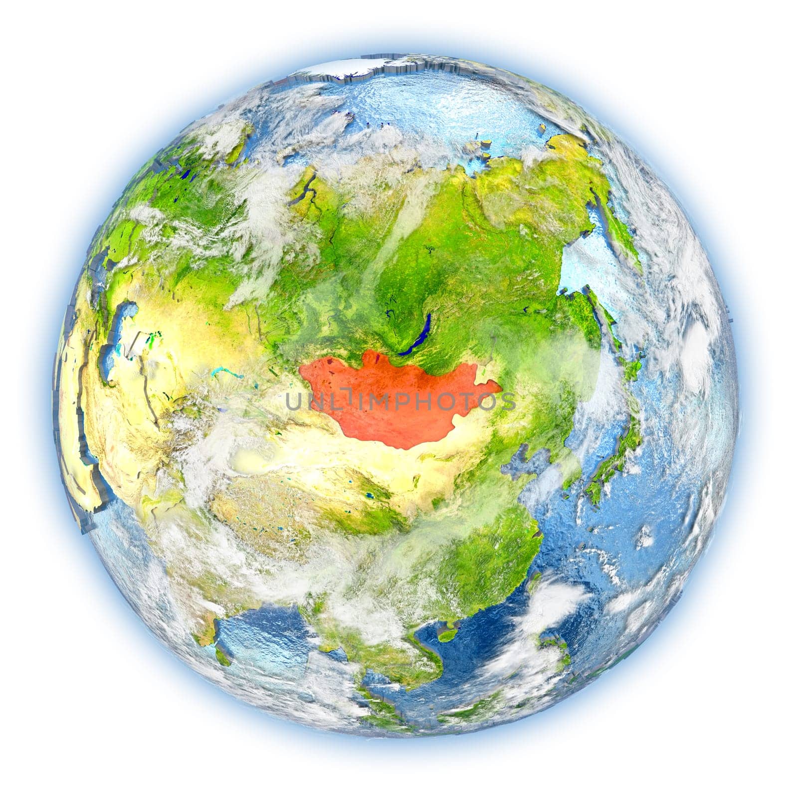Mongolia highlighted in red on planet Earth. 3D illustration isolated on white background. Elements of this image furnished by NASA.