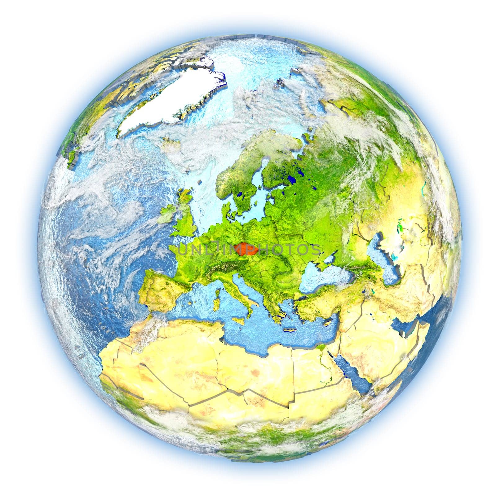 Czech republic highlighted in red on planet Earth. 3D illustration isolated on white background. Elements of this image furnished by NASA.