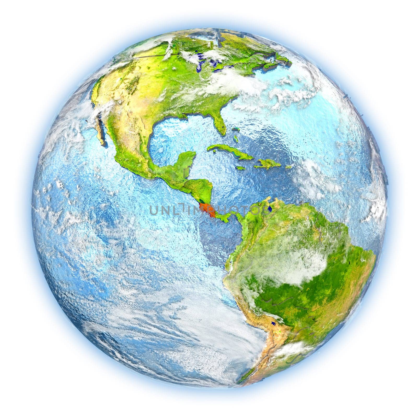 Costa Rica highlighted in red on planet Earth. 3D illustration isolated on white background. Elements of this image furnished by NASA.