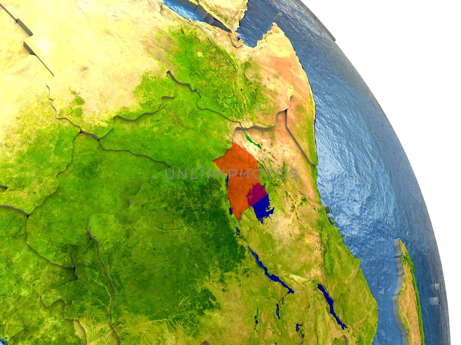 Uganda in red with surrounding region. 3D illustration with highly detailed realistic planet surface. Elements of this image furnished by NASA.