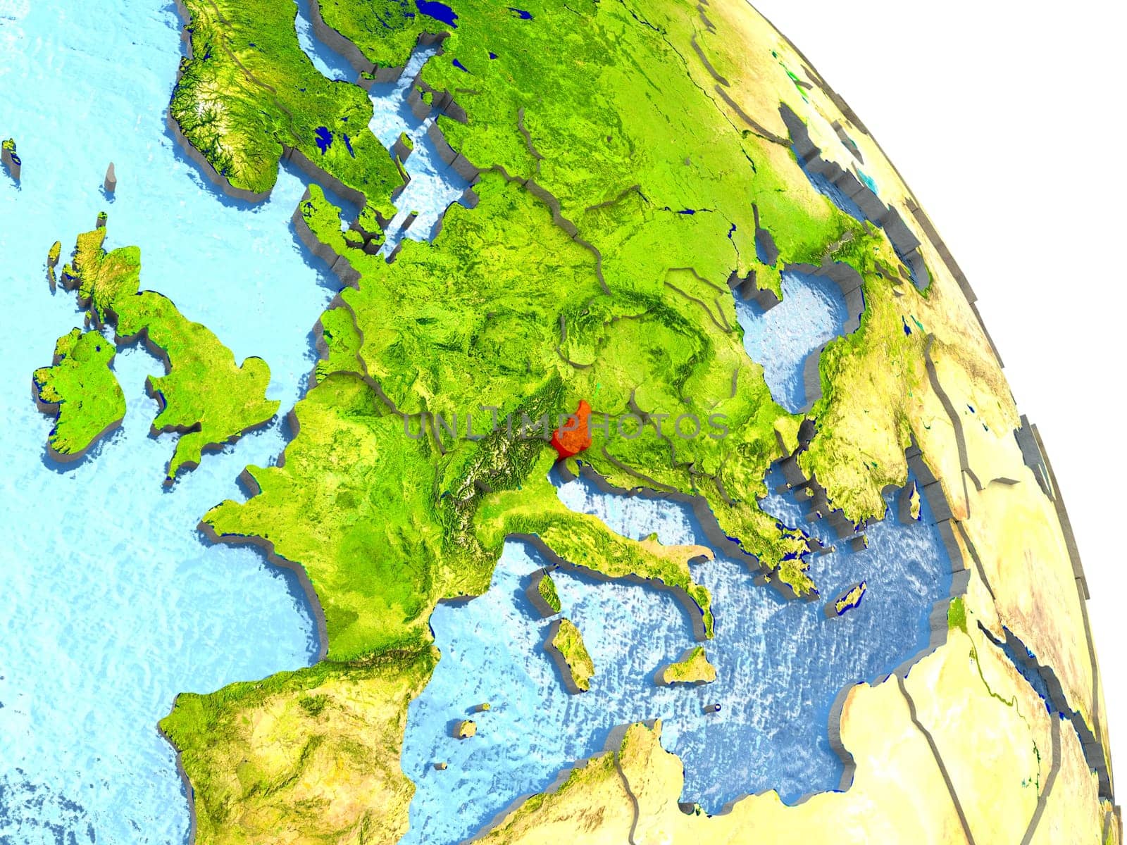 Slovenia in red with surrounding region. 3D illustration with highly detailed realistic planet surface. Elements of this image furnished by NASA.