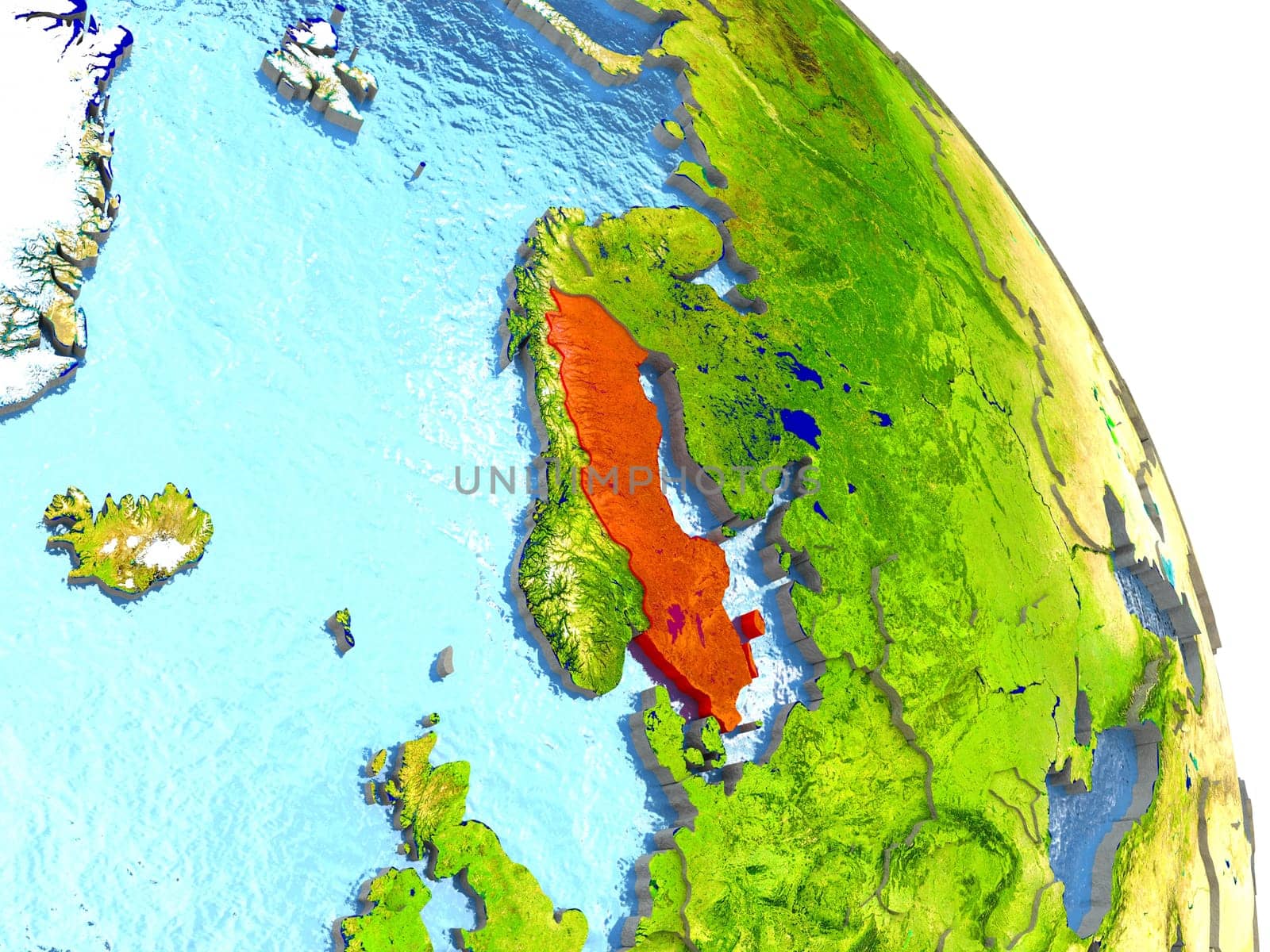 Sweden in red with surrounding region. 3D illustration with highly detailed realistic planet surface. Elements of this image furnished by NASA.