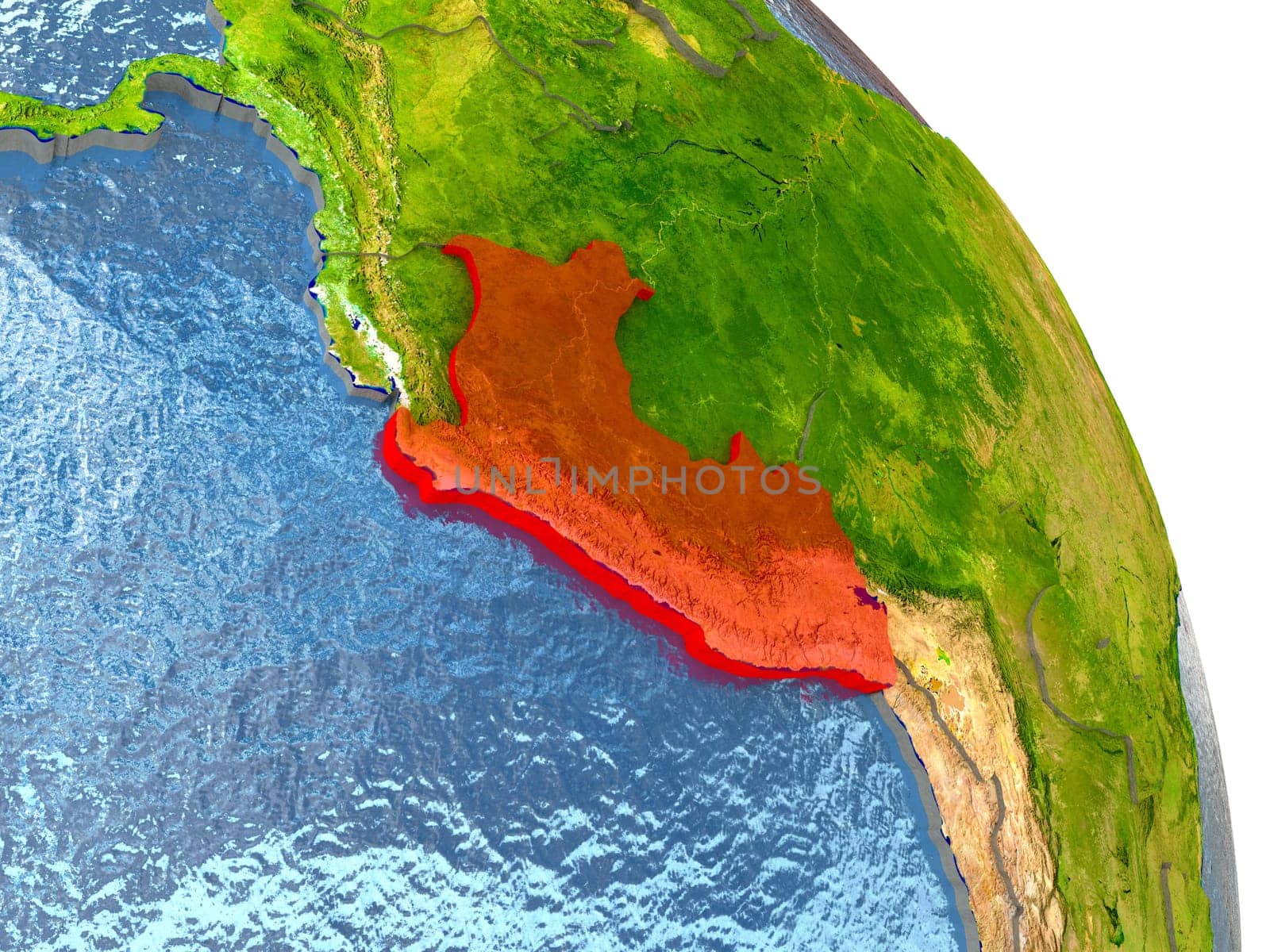 Peru in red with surrounding region. 3D illustration with highly detailed realistic planet surface. Elements of this image furnished by NASA.