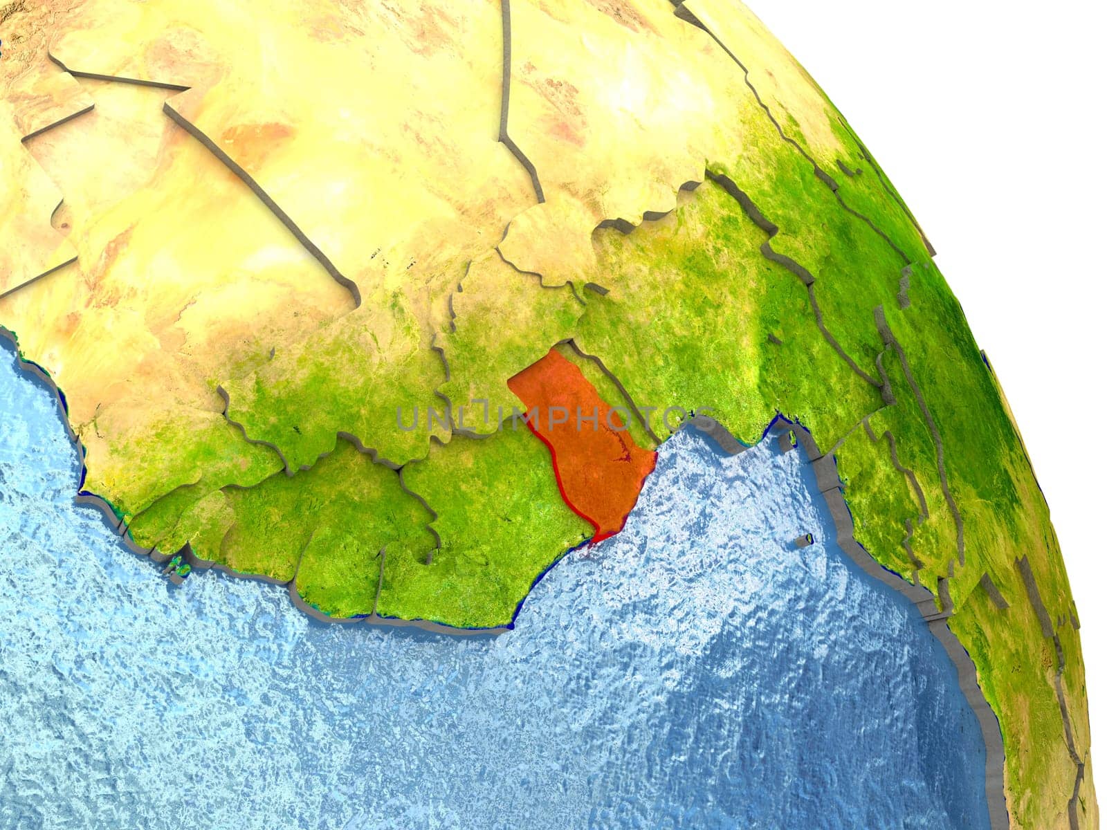 Ghana in red with surrounding region. 3D illustration with highly detailed realistic planet surface. Elements of this image furnished by NASA.