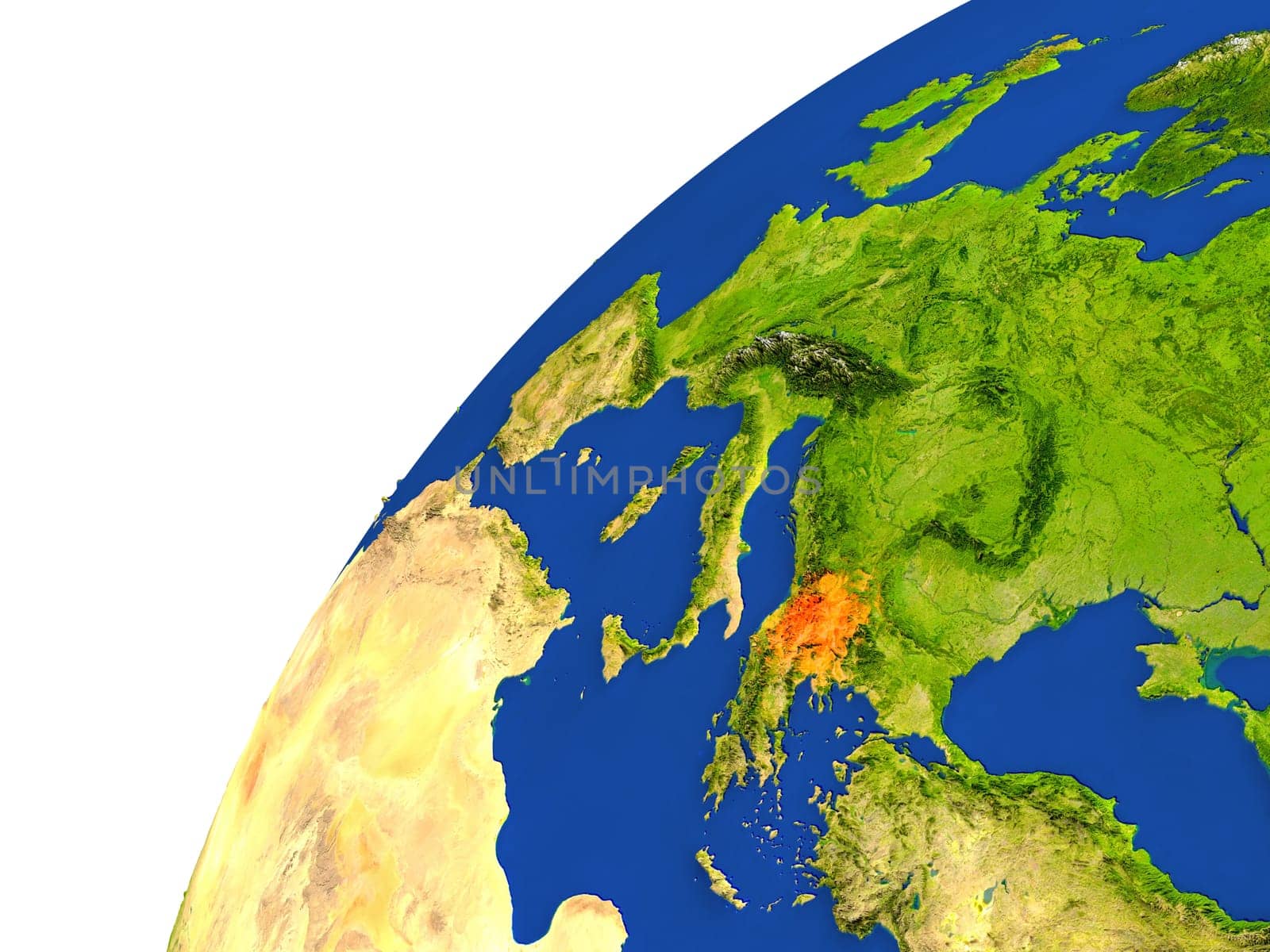 Macedonia highlighted in red as seen from Earth's orbit in space. 3D illustration with highly detailed realistic planet surface. Elements of this image furnished by NASA.