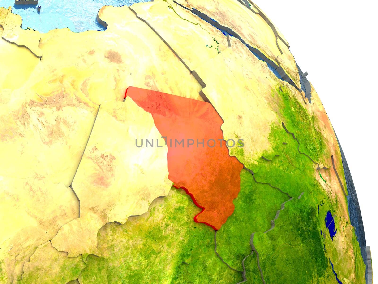 Chad in red with surrounding region. 3D illustration with highly detailed realistic planet surface. Elements of this image furnished by NASA.