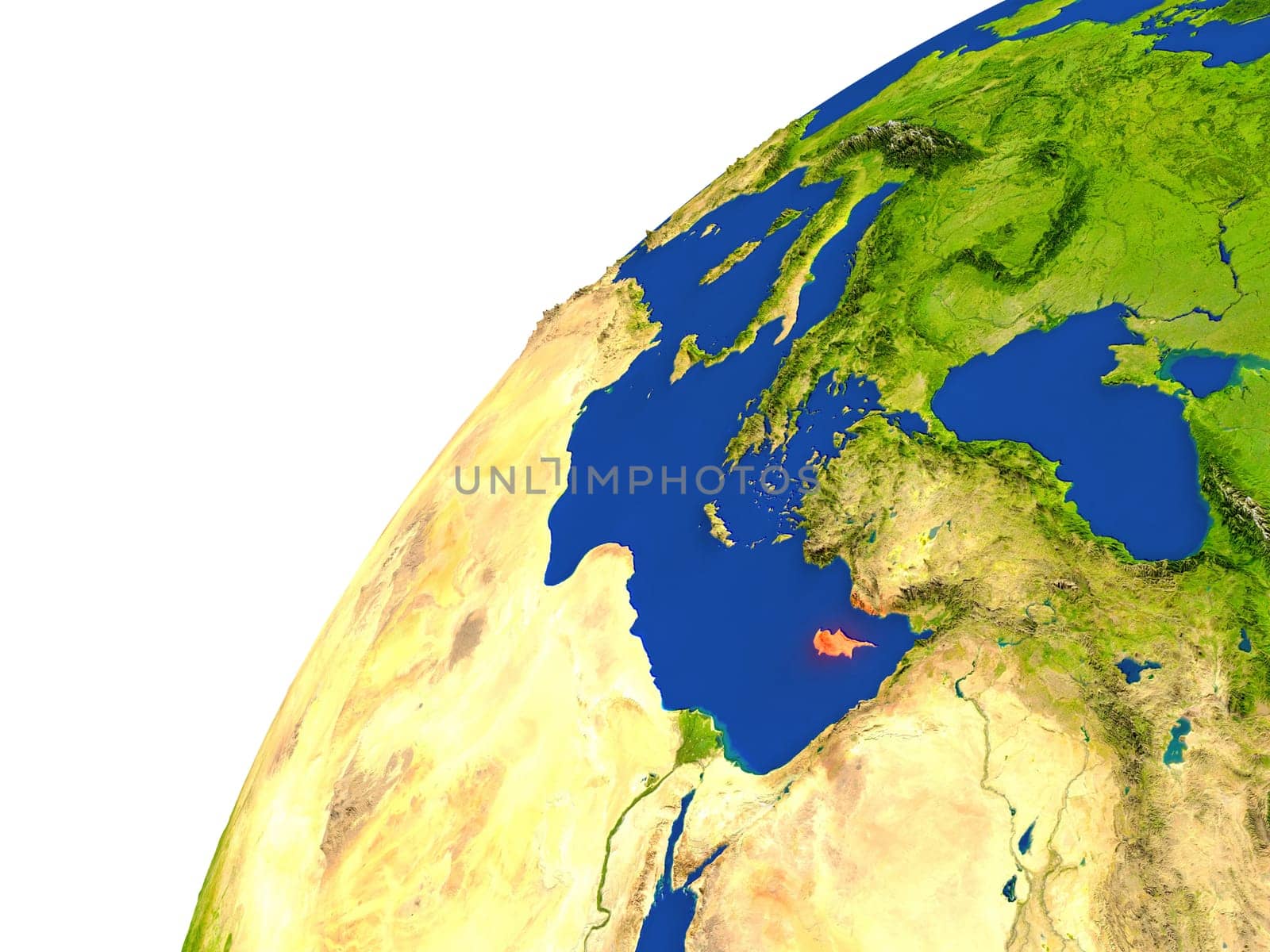 Cyprus highlighted in red as seen from Earth's orbit in space. 3D illustration with highly detailed realistic planet surface. Elements of this image furnished by NASA.