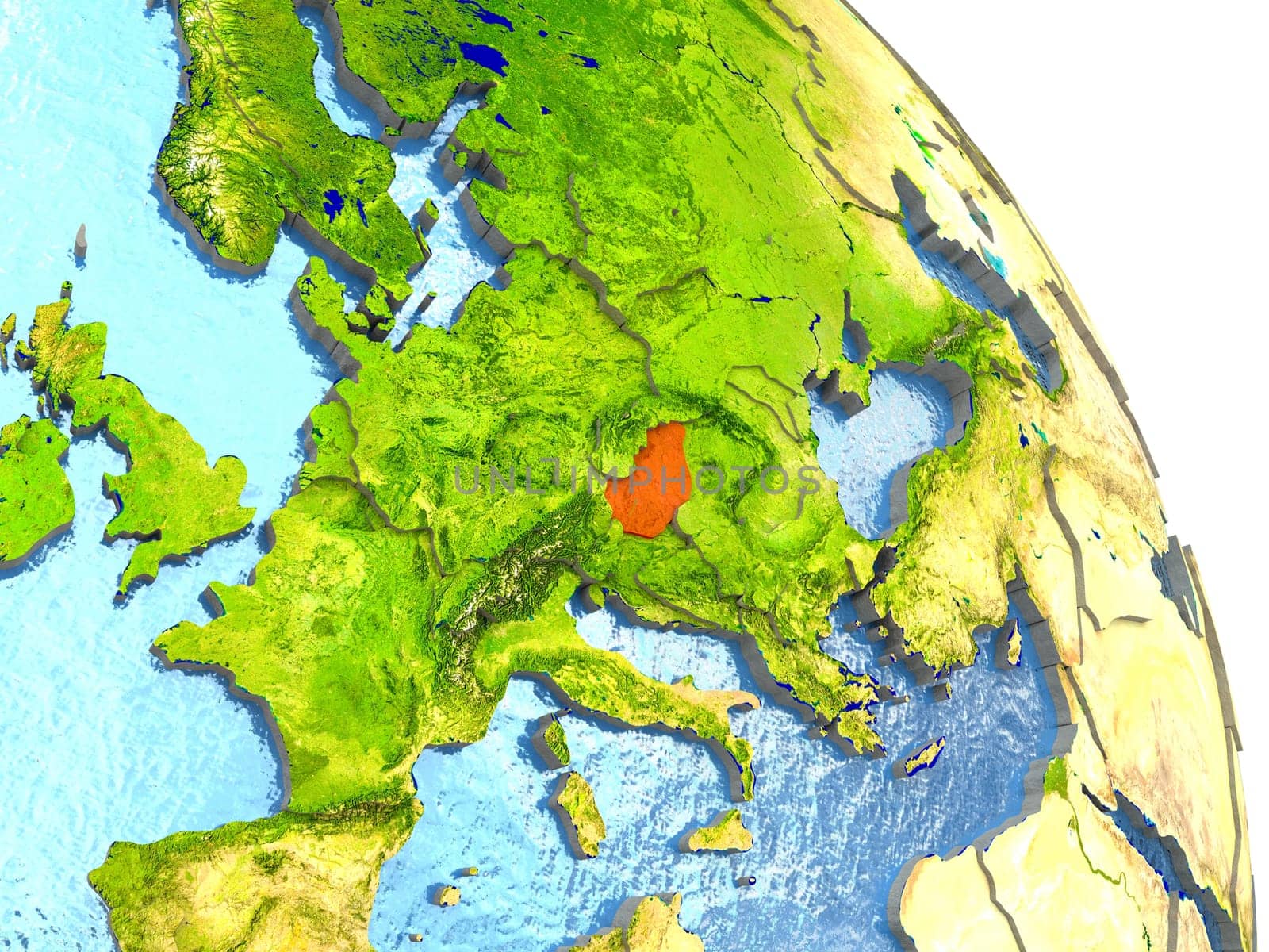 Hungary in red with surrounding region. 3D illustration with highly detailed realistic planet surface. Elements of this image furnished by NASA.