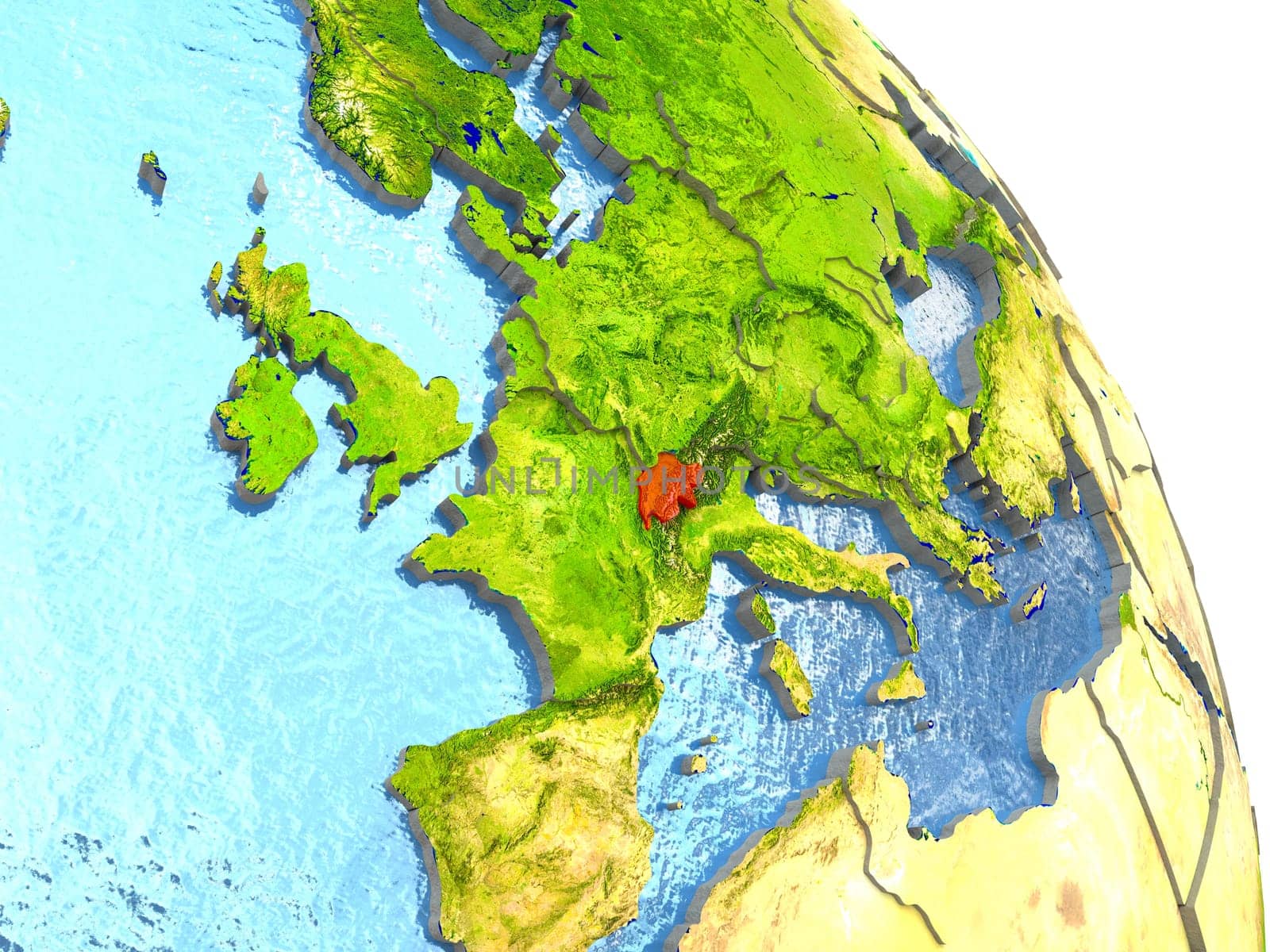 Switzerland in red with surrounding region. 3D illustration with highly detailed realistic planet surface. Elements of this image furnished by NASA.