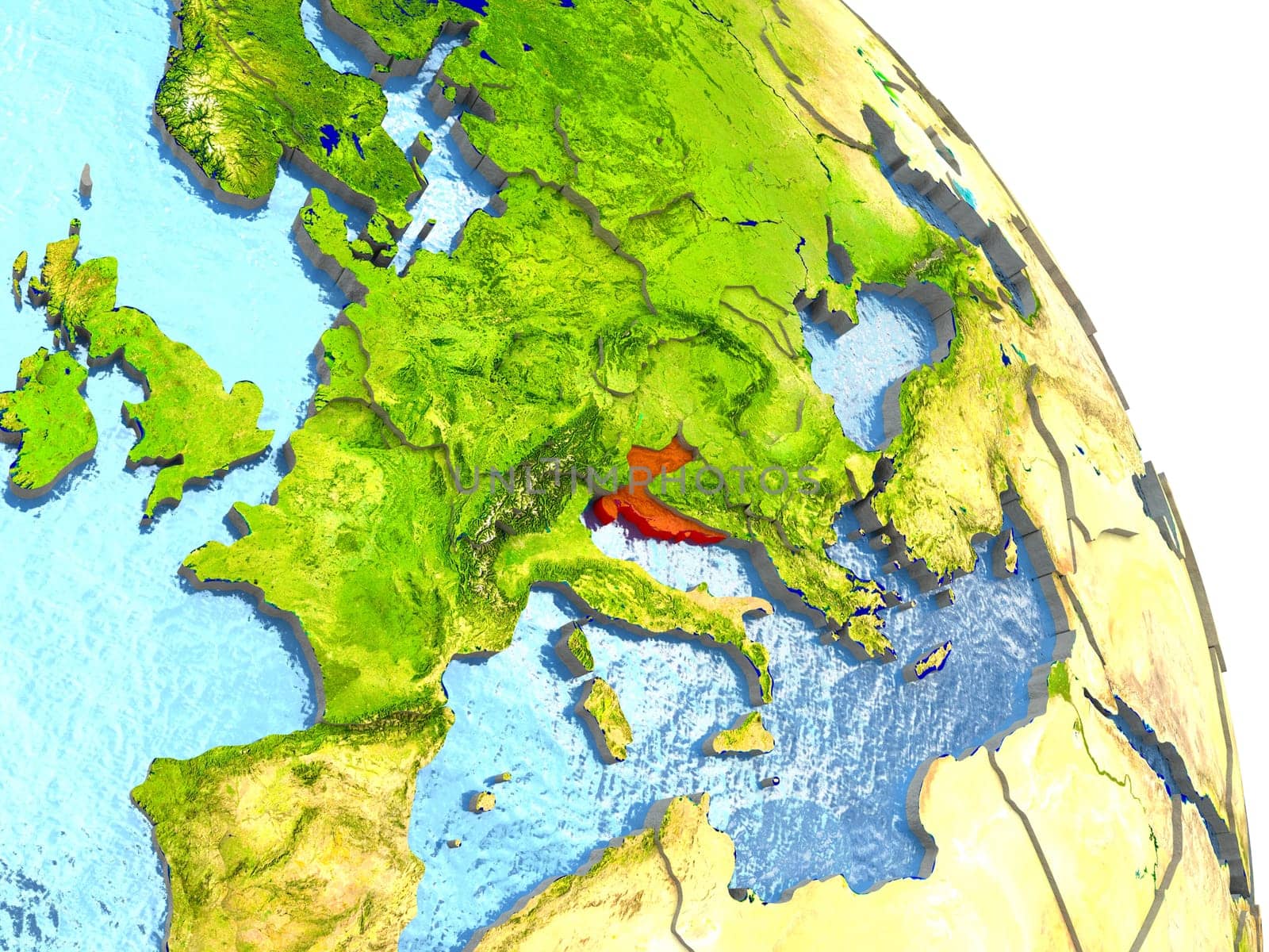 Croatia in red with surrounding region. 3D illustration with highly detailed realistic planet surface. Elements of this image furnished by NASA.