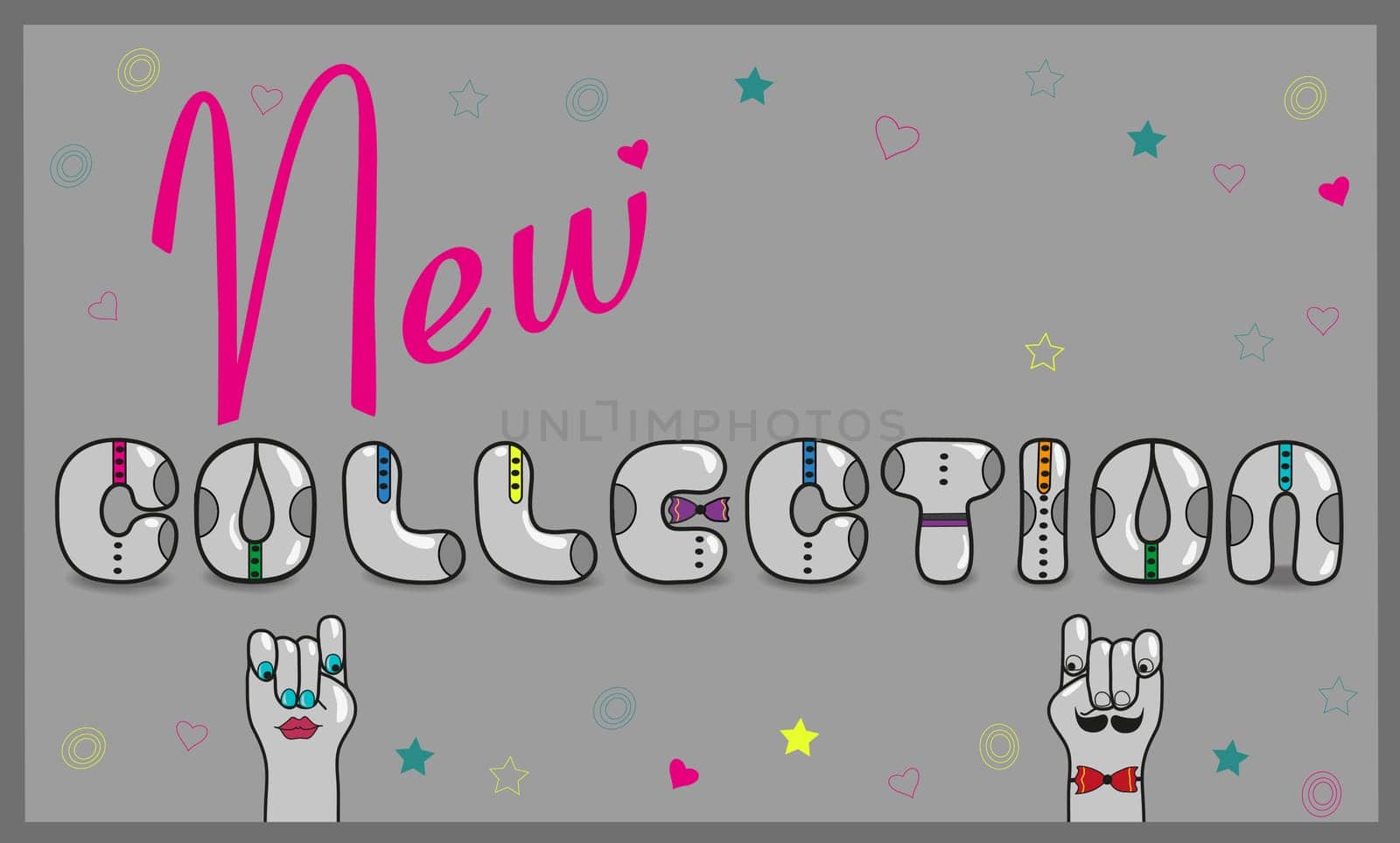 Inscription New Collection with hipster style. Unusual retro font. Gray letters with ties. Cartoon hands looking at each othe.  illustration.
