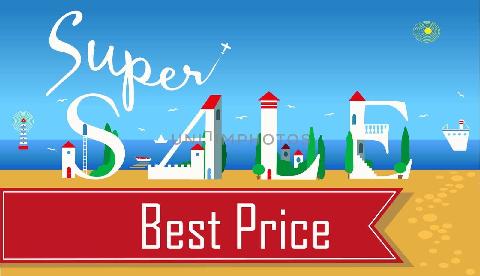 Inscription Super Sale Best Price. Summer beach. Plane in the sky. Red banner. Cute white houses on the coast.  Illustration.