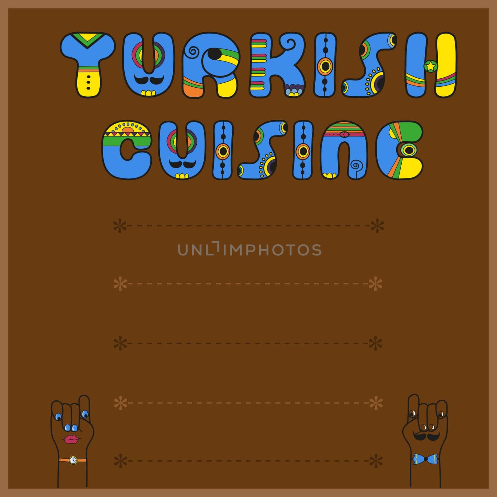 Inscription Turkish Cuisine. Funny blue Letters with btight parts. Unusual font. Vintage style. Menu card.  illustration