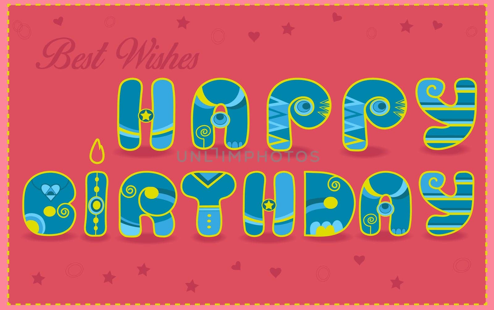 Inscription Happy Birthday. Best wishes. Funny blue and yellow Letters. Pink background. Letter as a candle. Vintage card.  Illustration