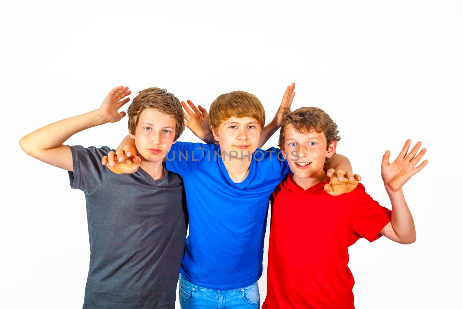 three happy joyful friends enjoy life