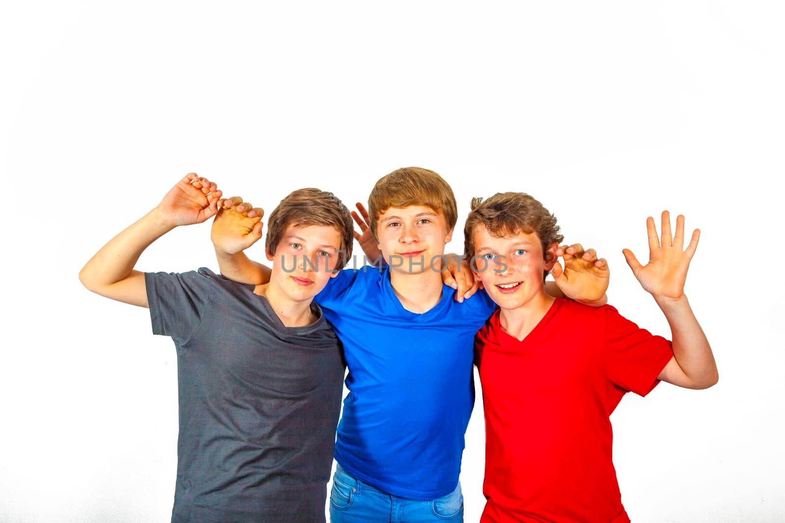 three happy joyful friends enjoy life