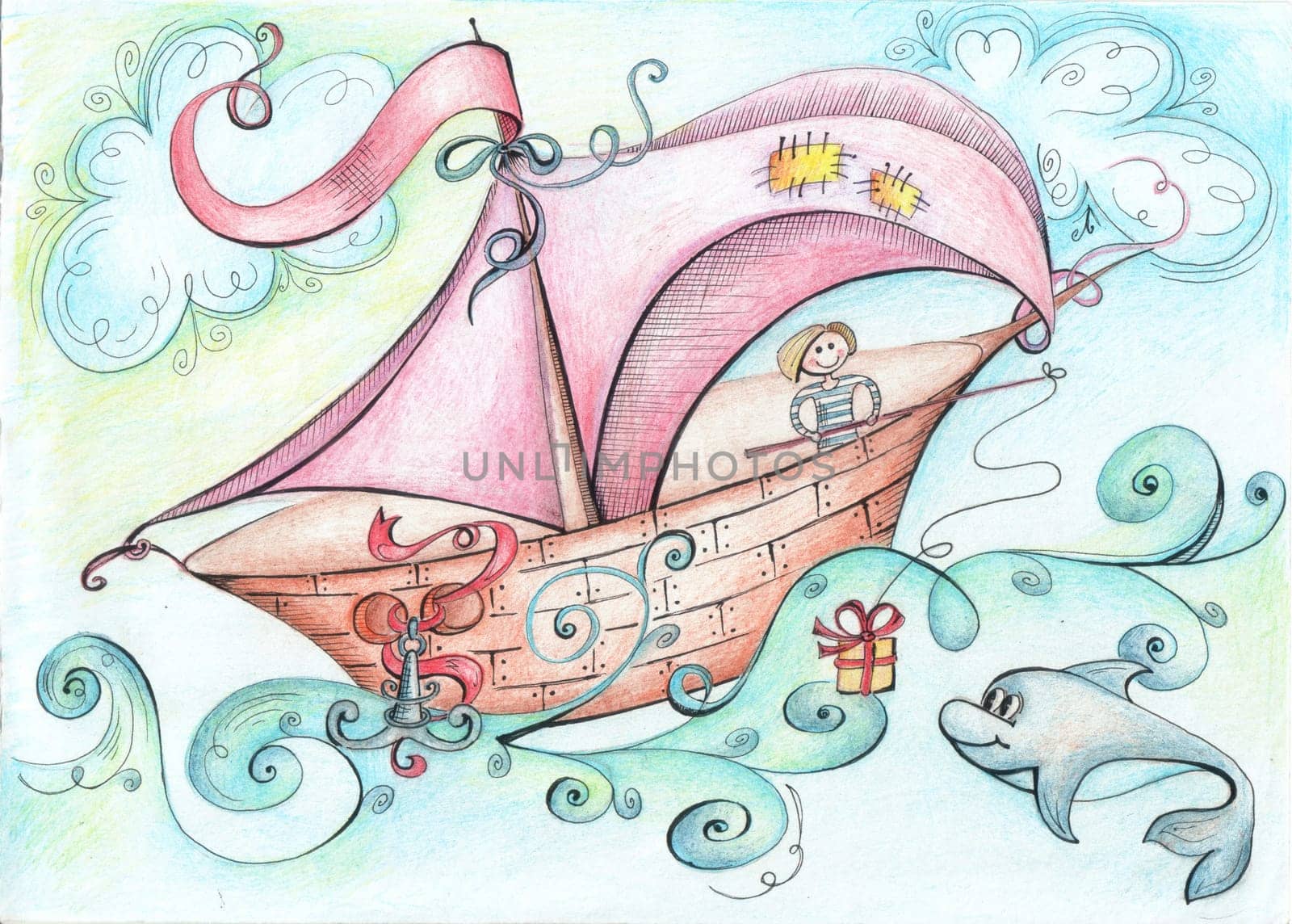 Illustration - a fantastic boat floats on the ocean aboard a man threw a gift for dolphin fishing rod