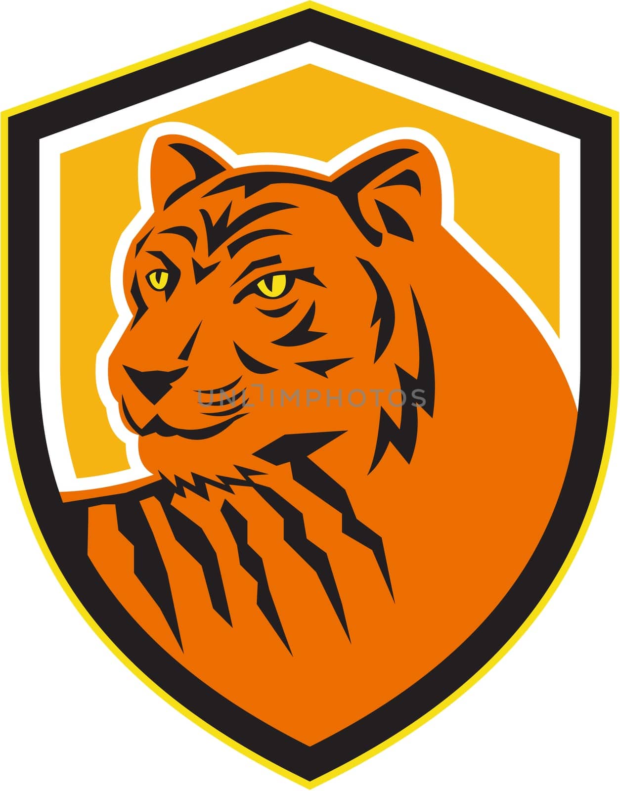 Illustration of a tiger head viewed from front set inside shield crest on isolated ackground done in retro style.