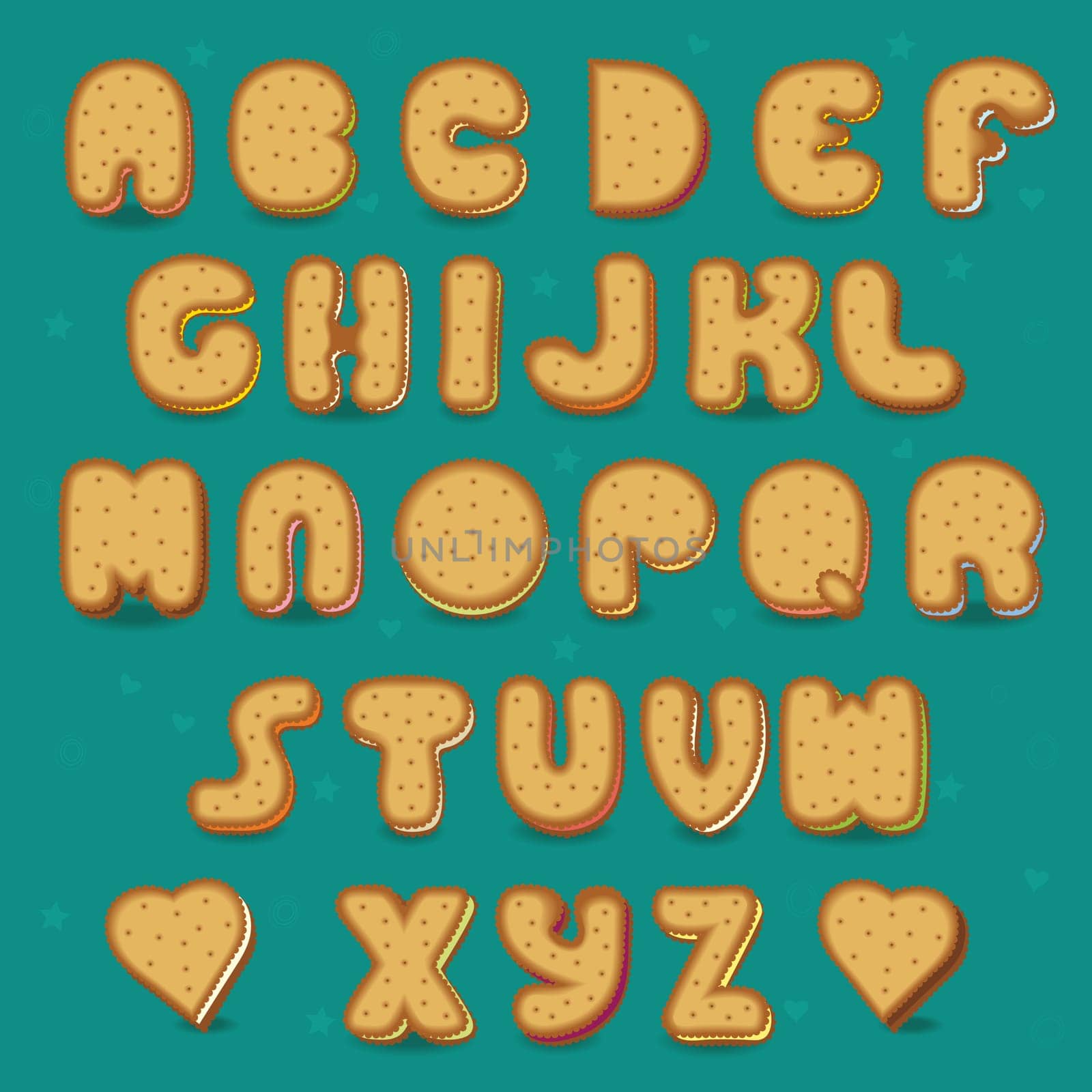Cookies Alphabet. Vintage style. Sweet font. Cookies with colorful filling. Illustration.