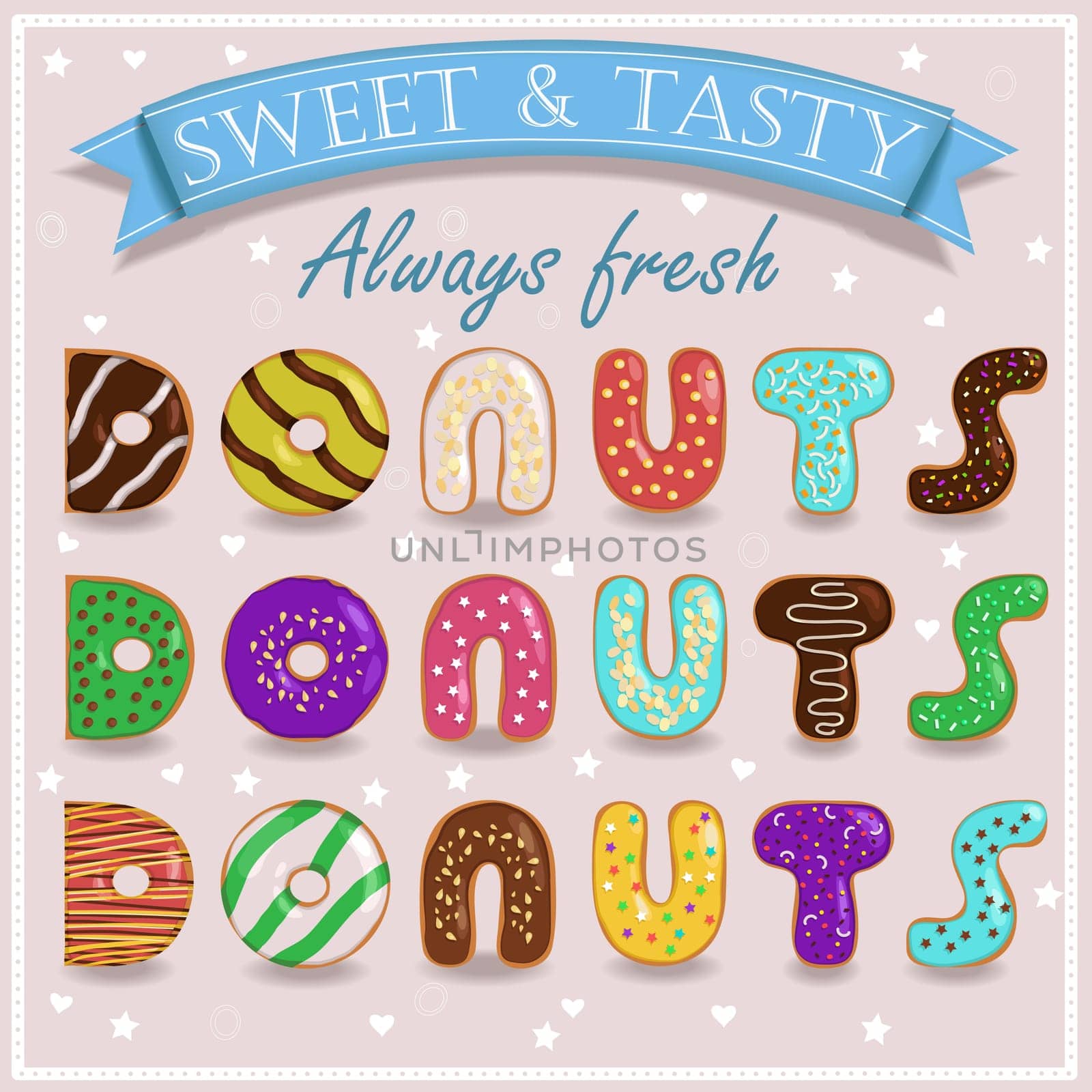 Sweet Donuts. Always fresh. Vintage sweet font. Colorful donut Letters. illustration.