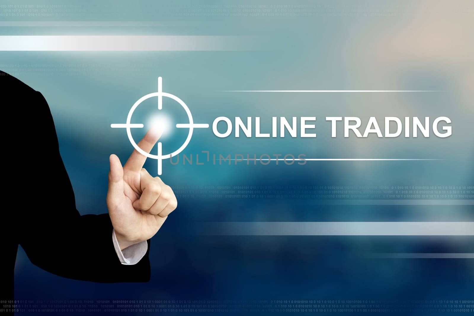 business hand pushing online trading button on a touch screen interface
