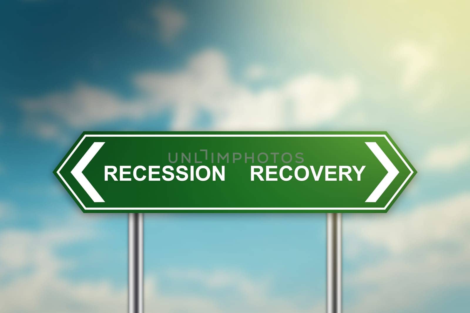 recession and recovery on green road sign with blurred blue sky, dark and bright side concept