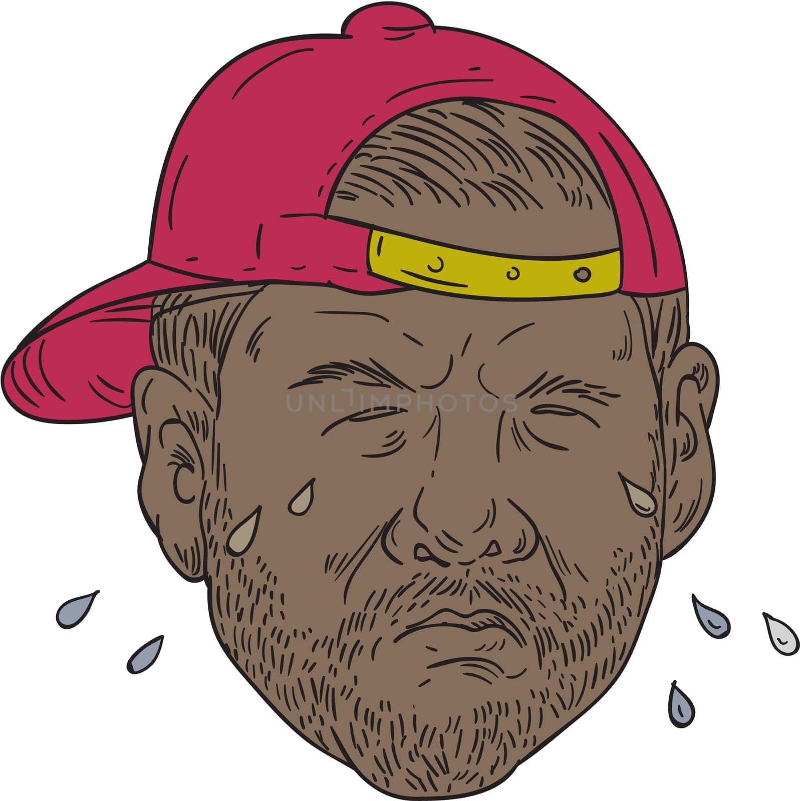 Drawing sketch style illustration of an african-american rapper wearing hat crying .set on isolated white background viewed from front.