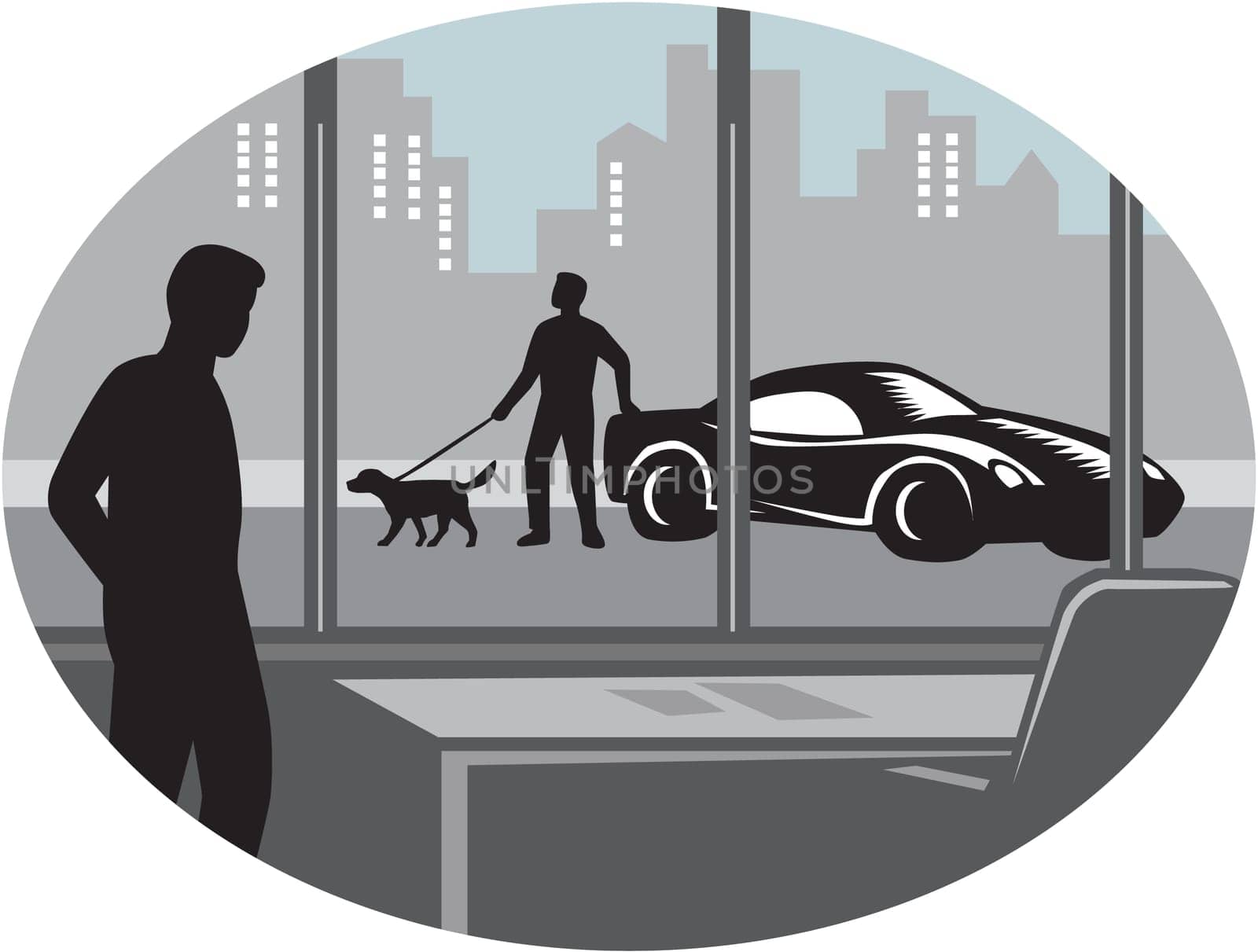 Illustratin of a man from inside an office looking through a window and seeing a person standing next to an exotic car with a well-groomed dog on a leash set inside oval shape with buildings in the background done in retro woodcut style.