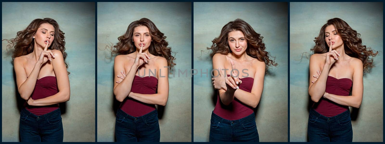 The young happy woman pointing his finger at the camera on gray background. Collage
